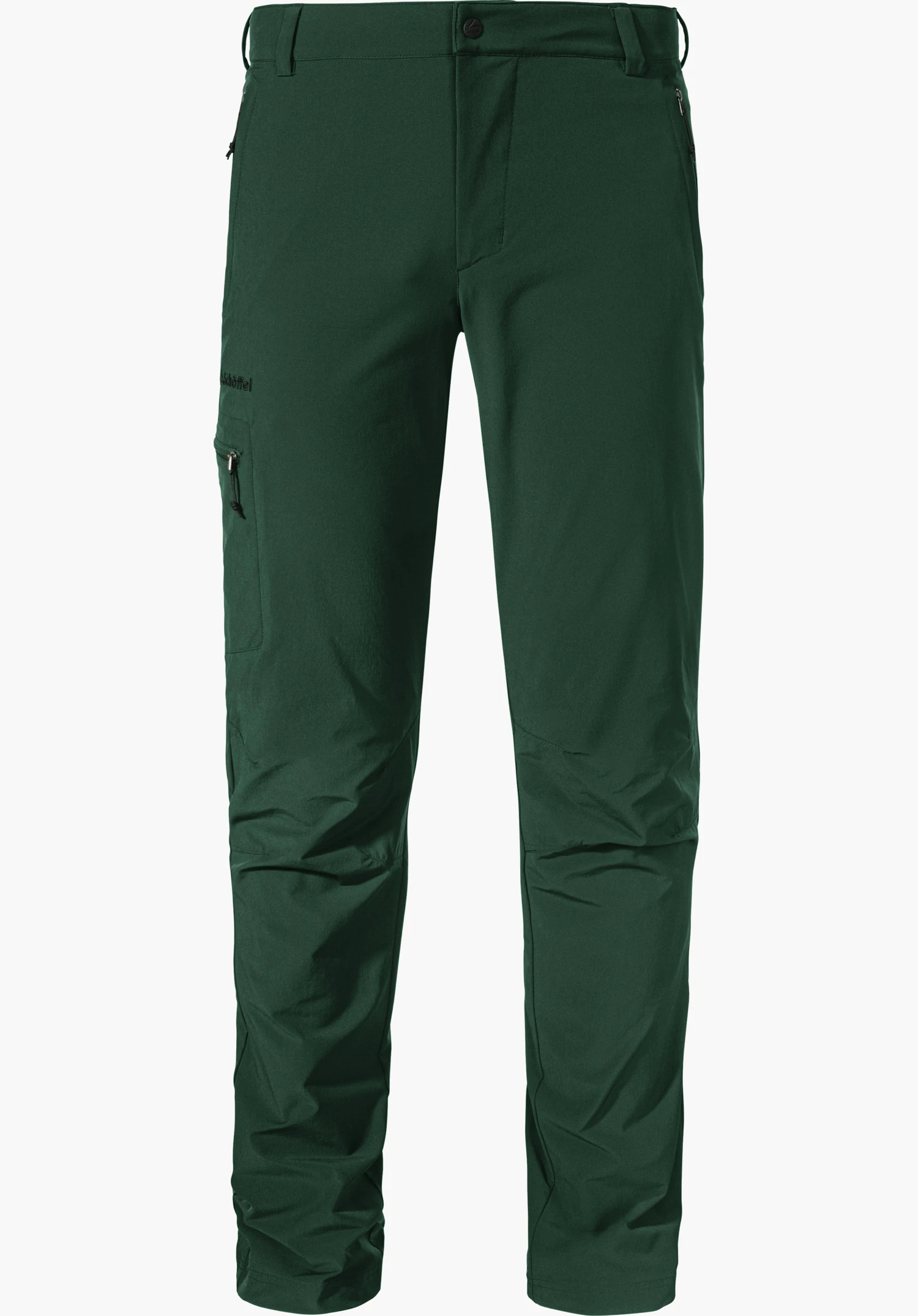 Pants Folkstone Donkergroene wandelbroek, frontaal uitgespreid, met ritszakken en knoopsluiting; Schöffel-logo op de linker dij; vrijstaand tegen een witte achtergrond.