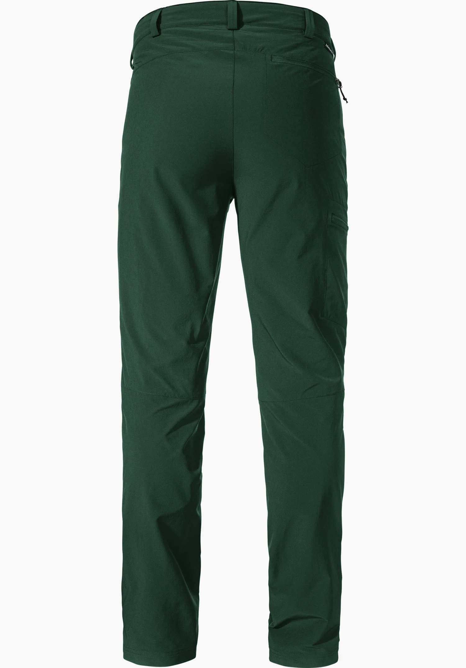 Pants Folkstone Donkergroene wandelbroek, achteraanzicht; recht gesneden pijpen, achterzak en zijzak met rits zichtbaar; vrijstaand op witte achtergrond.