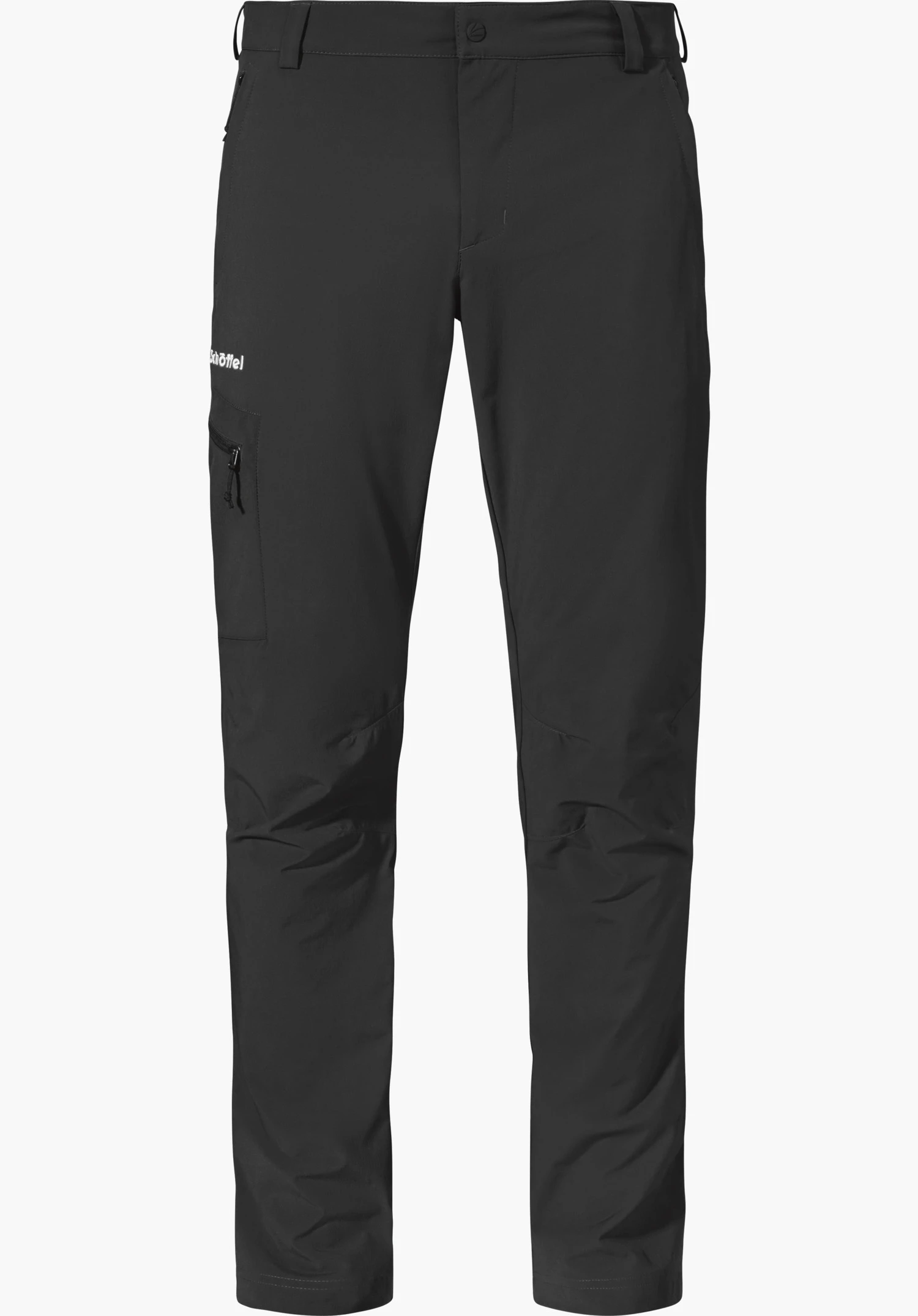 Pants Folkstone in Schwarz mit einer seitlichen Reißverschlusstasche und weißem Schöffel-Logo am Bein, freigestellt vor weißem Hintergrund.