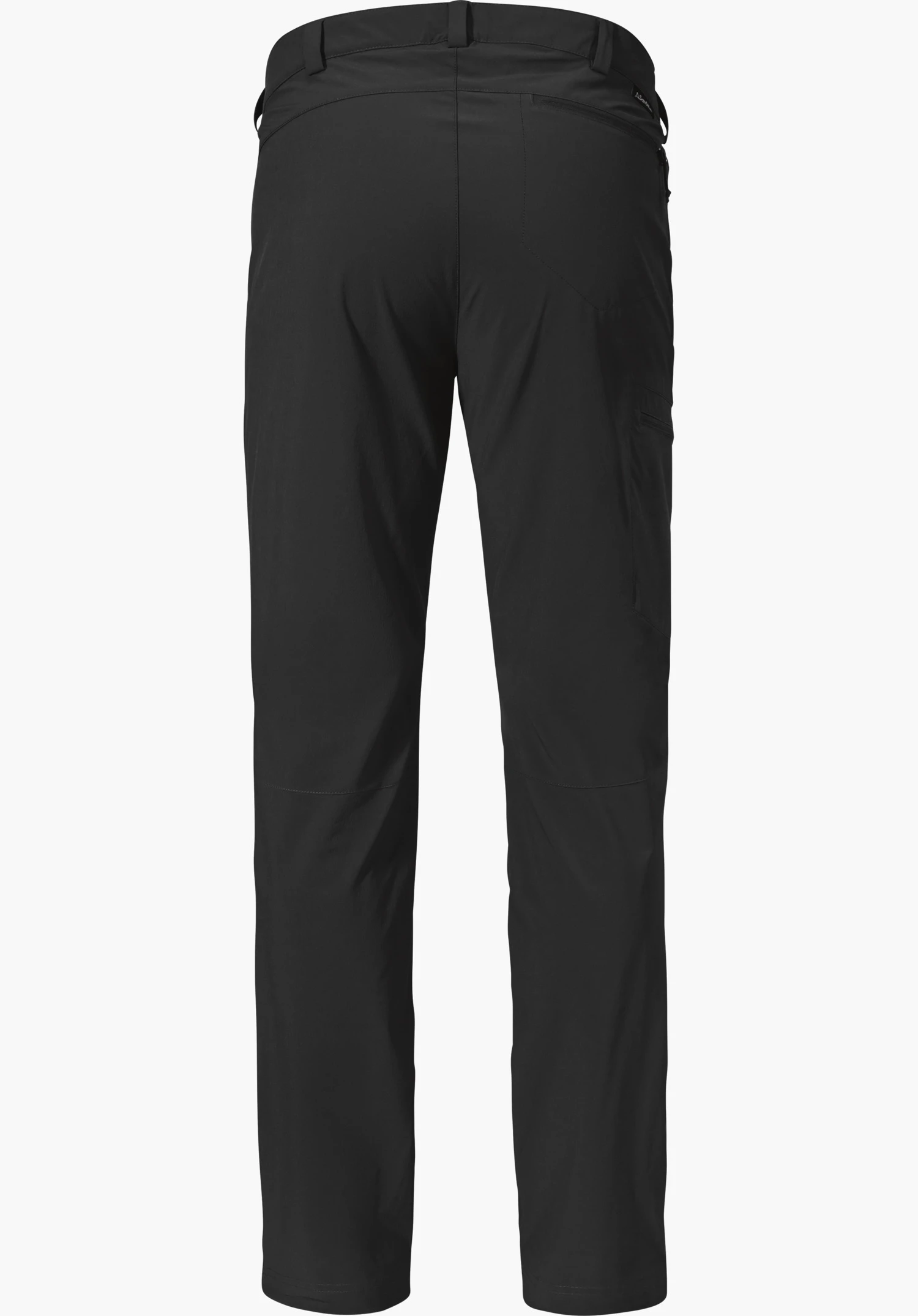Pants Folkstone in Schwarz, hier in der Rückansicht mit Gürtelschlaufen und seitlichem Schöffel-Logo gezeigt, freigestellt vor weißem Hintergrund.