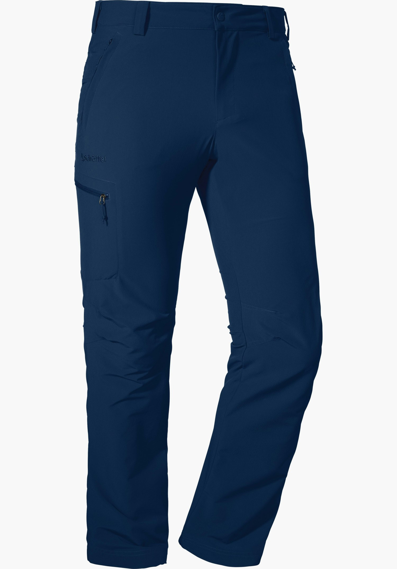 Pants Folkstone blue long outdoor trousers with zip pockets and pre-shaped knees, front view on a white background. Lettering: “Schöffel”.