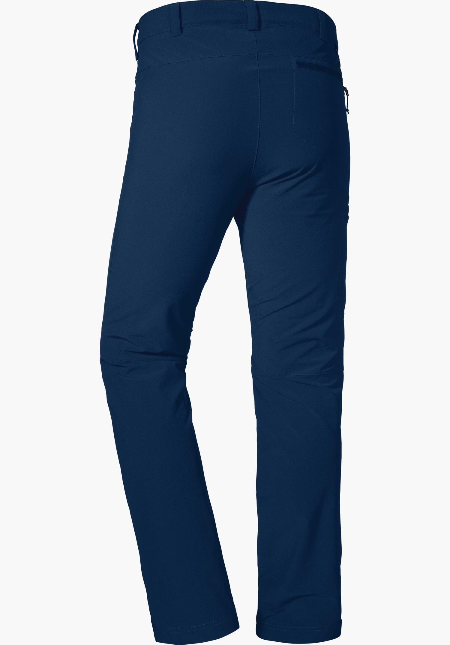 Pants Folkstone dark blue long outdoor trousers, rear view; right back pocket with zip, knee darts, slim fit, white background.