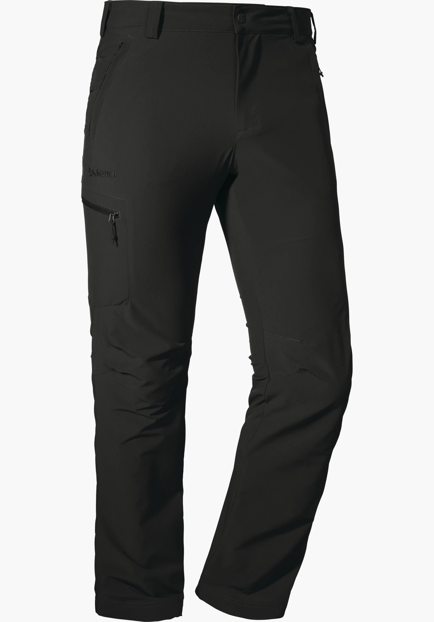 Pants Folkstone Zwarte wandelbroek, frontaal licht gedraaid gepresenteerd, met ritszak op de linker dij; vrijstaand tegen een witte achtergrond. Opschrift: “Schöffel”.