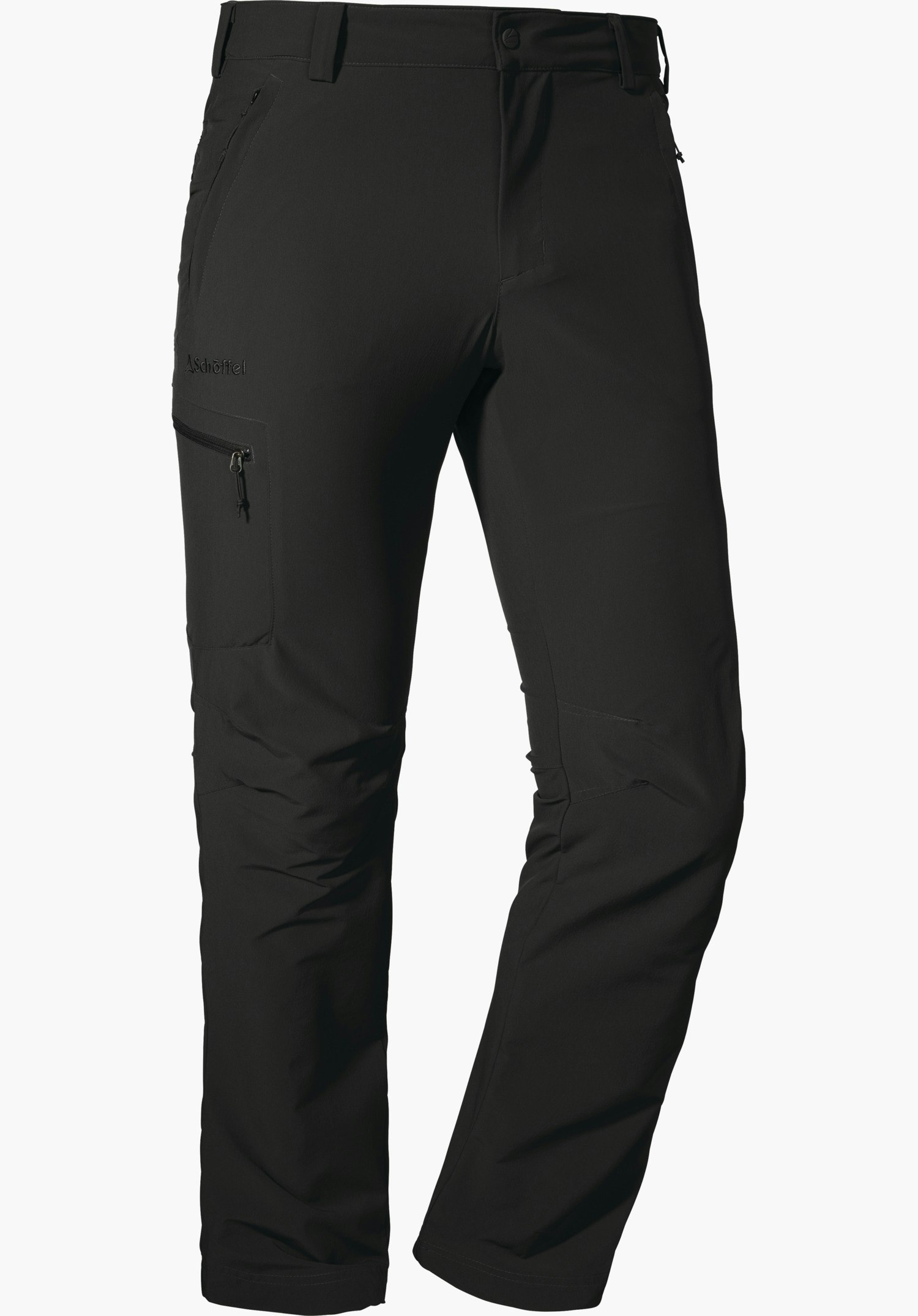 Pants Folkstone black hiking trousers, front view slightly turned; with zip pocket on the left thigh; isolated on a white background. Lettering: “Schöffel”.