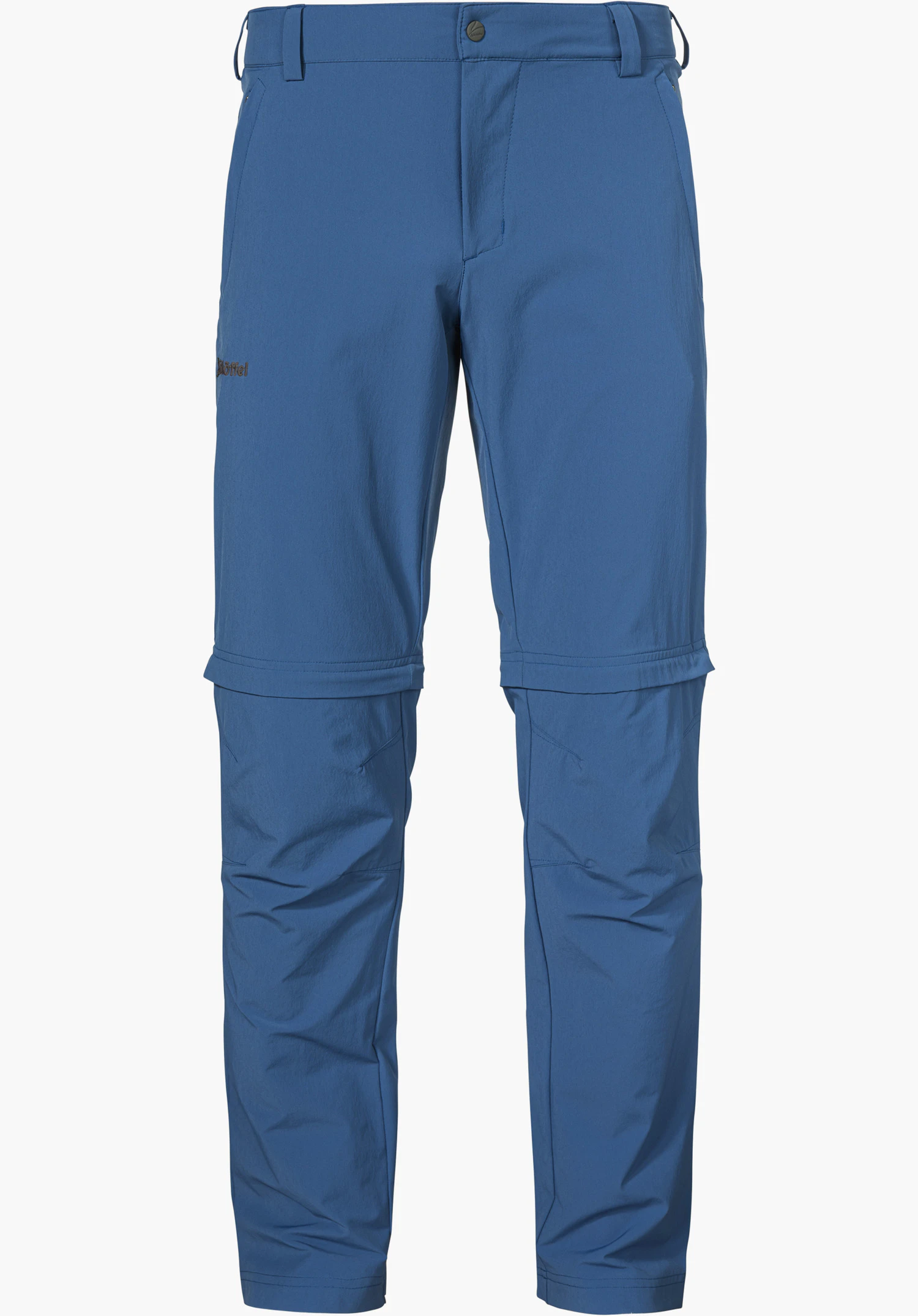 Pants Folkstone Zip Off in het blauw met afritsbare pijpen en Schöffel-logo op de rechterdij, vrijstaand tegen een witte achtergrond.