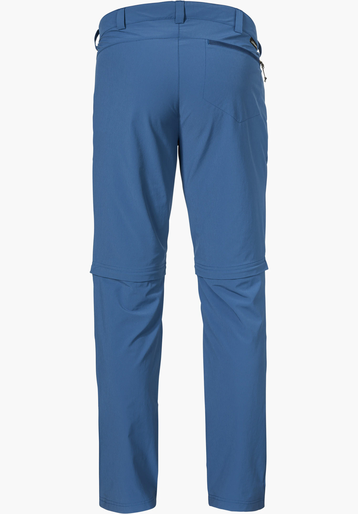 Pants Folkstone Zip Off in blauw, achteraanzicht met ritsen op kniehoogte om de broekspijpen af te ritsen en een klein Schöffel-logo op de rechter achterzak, vrijstaand tegen een witte achtergrond.