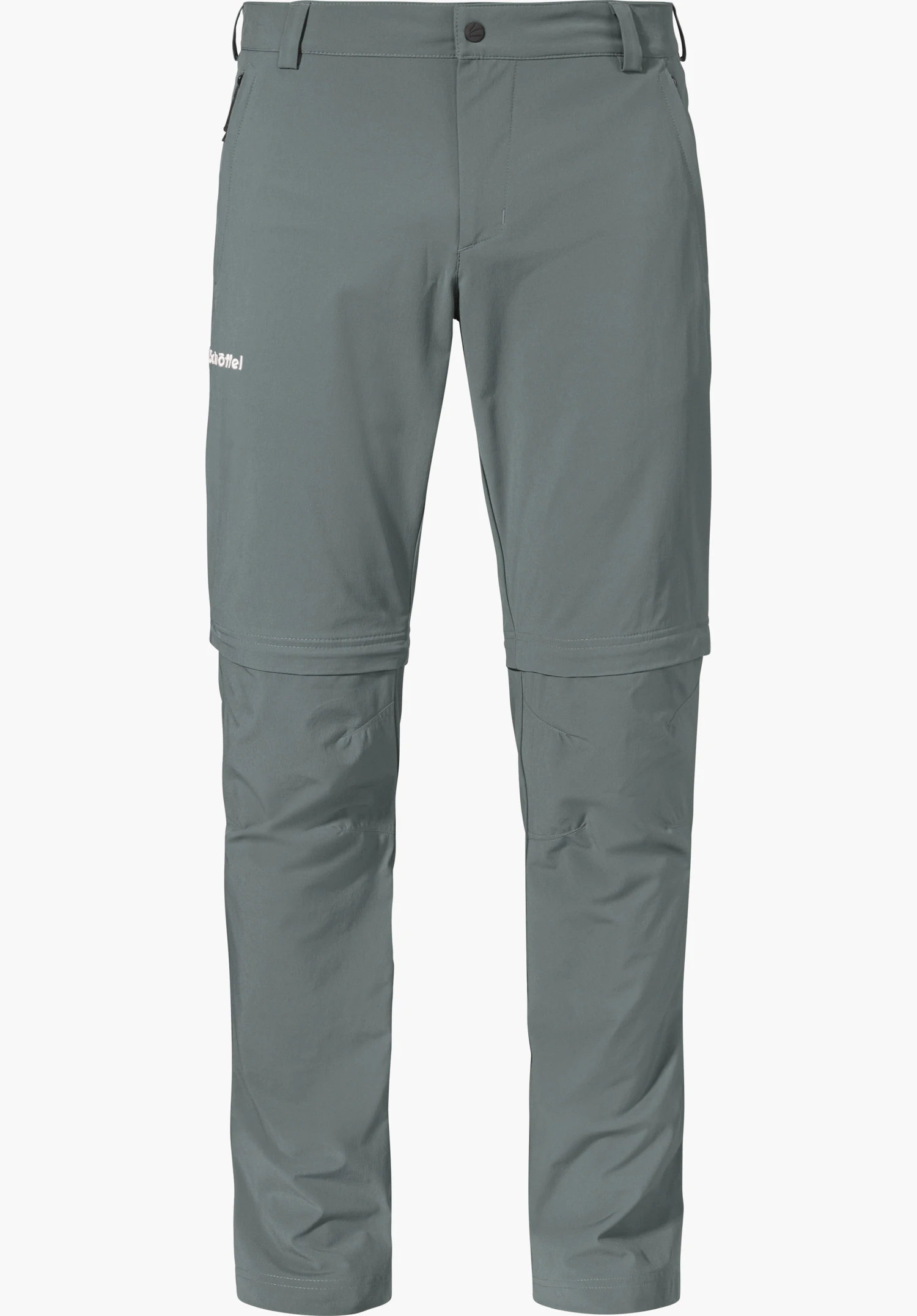Pants Folkstone Zip Off in het grijs met afritsbare pijpen en een wit Schöffel-logo op de rechterdij, vrijstaand op een witte achtergrond.