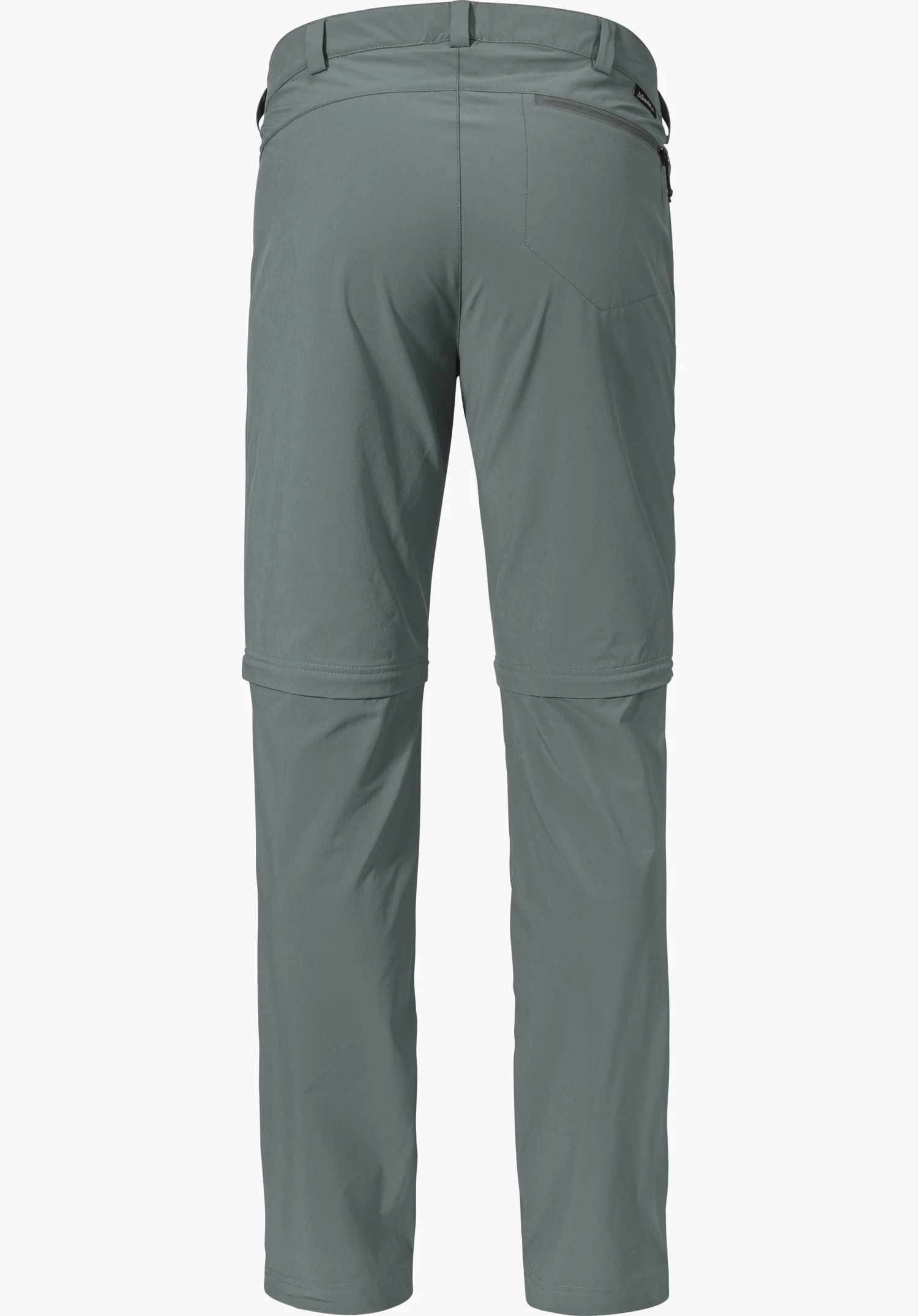 Pants Folkstone Zip Off in het grijs, achteraanzicht met afritsbare pijpen en Schöffel-logo op de rechterachterzak, vrijstaand op een witte achtergrond.