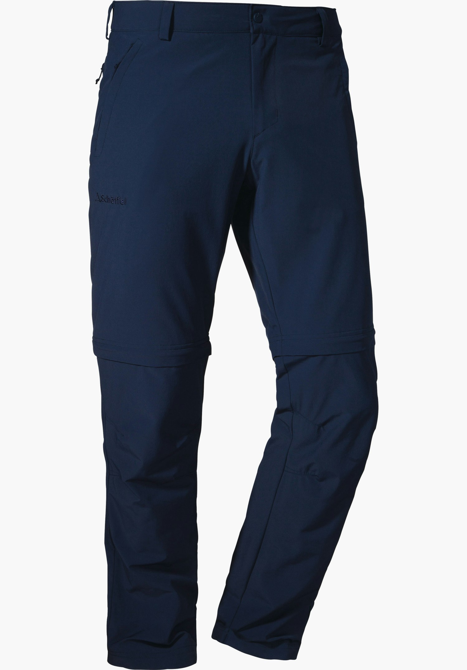 Pants Folkstone Zip Off dark blue outdoor zip-off trousers (detachable legs), shown from the front on a white background; with side zip pockets and knee panels, slight creasing. Lettering: Schöffel.