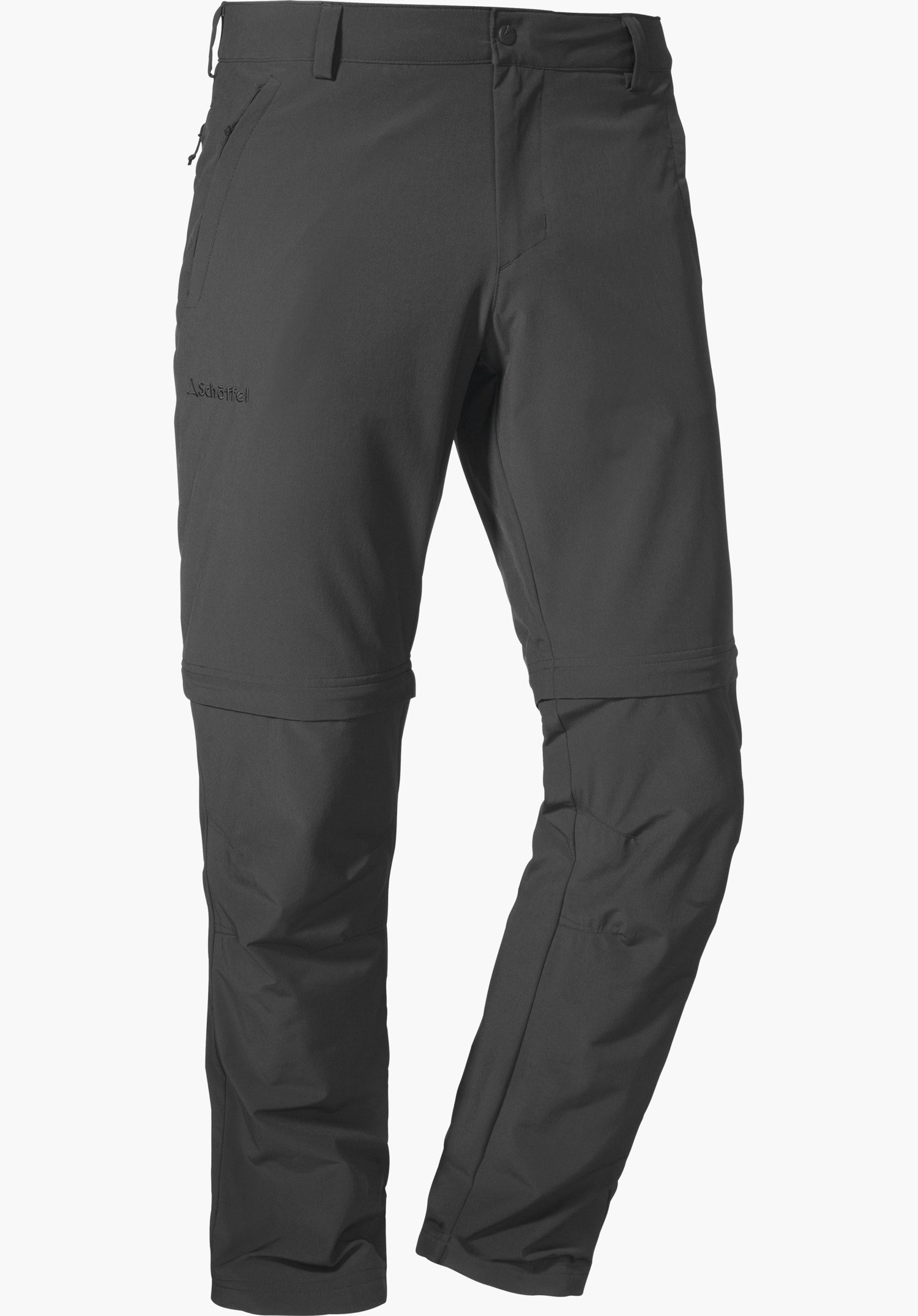 Pants Folkstone Zip Off dark grey hiking trousers with zips at the knee, convertible into shorts; front view on a white background; embossed lettering on the left side: “Schöffel”.