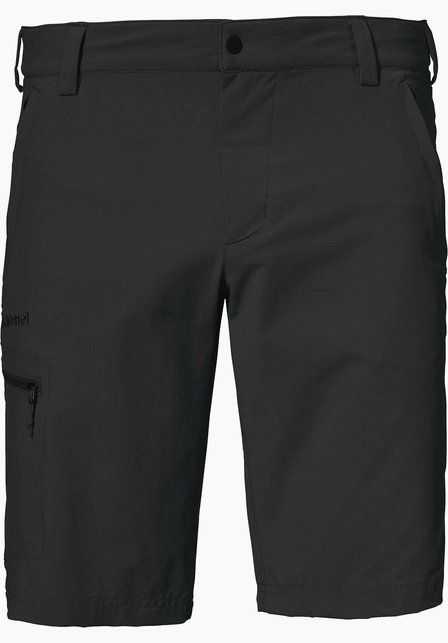 Shorts Folkstone in black with belt loops, a zipped side pocket and the Schöffel logo, isolated against a white background.