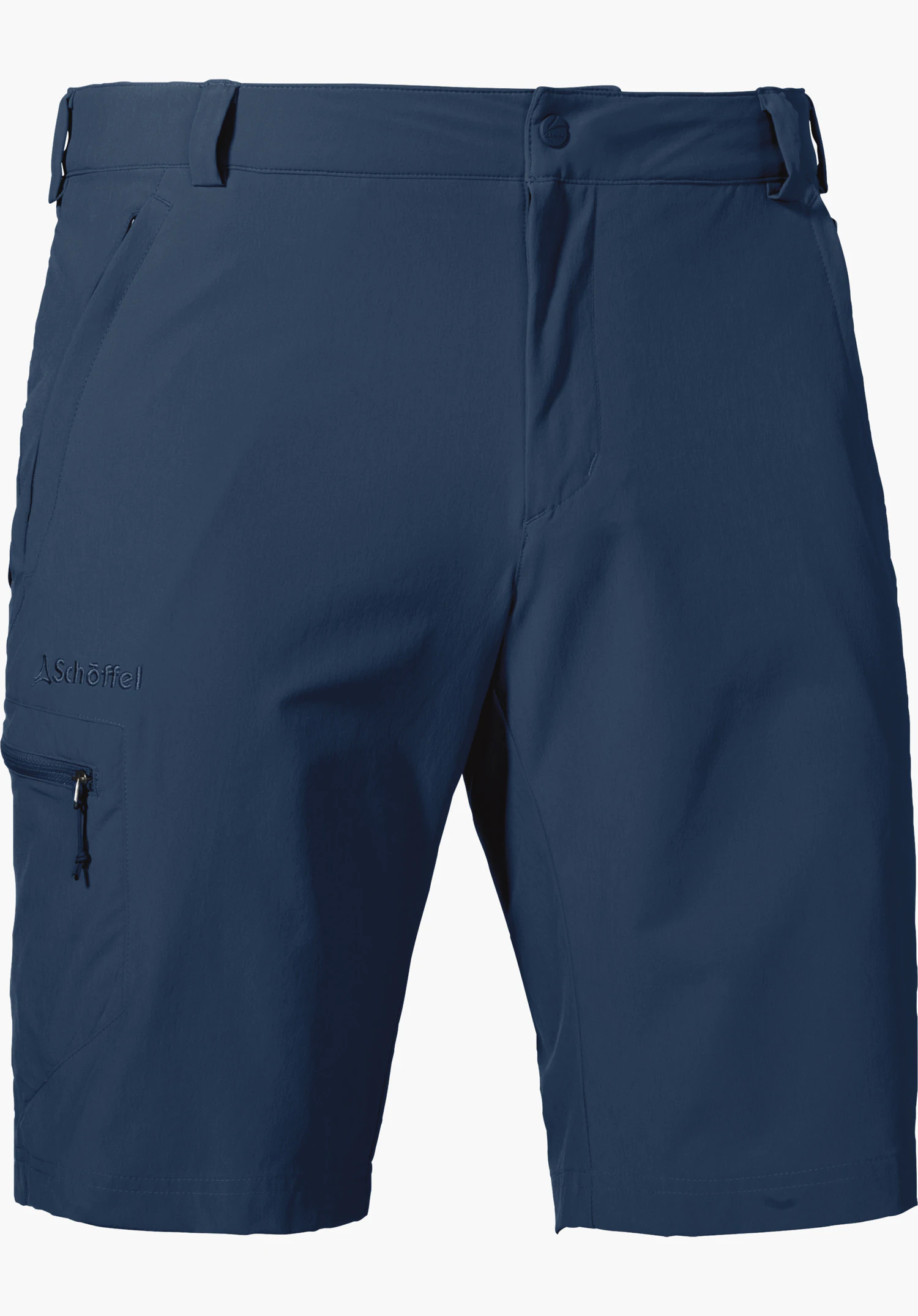 Shorts Folkstone in het blauw is voorzien van riemlussen, een beenzak met ritssluiting en het Schöffel-logo, vrijstaand op een witte achtergrond.