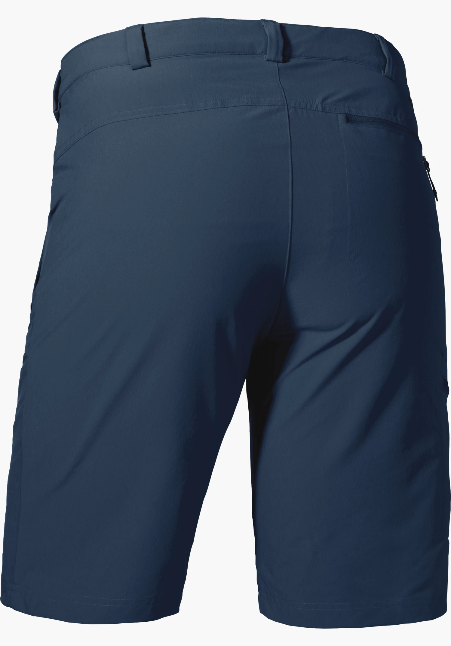 Shorts Folkstone in het blauw, achteraanzicht met riemlussen, vrijstaand op een witte achtergrond.