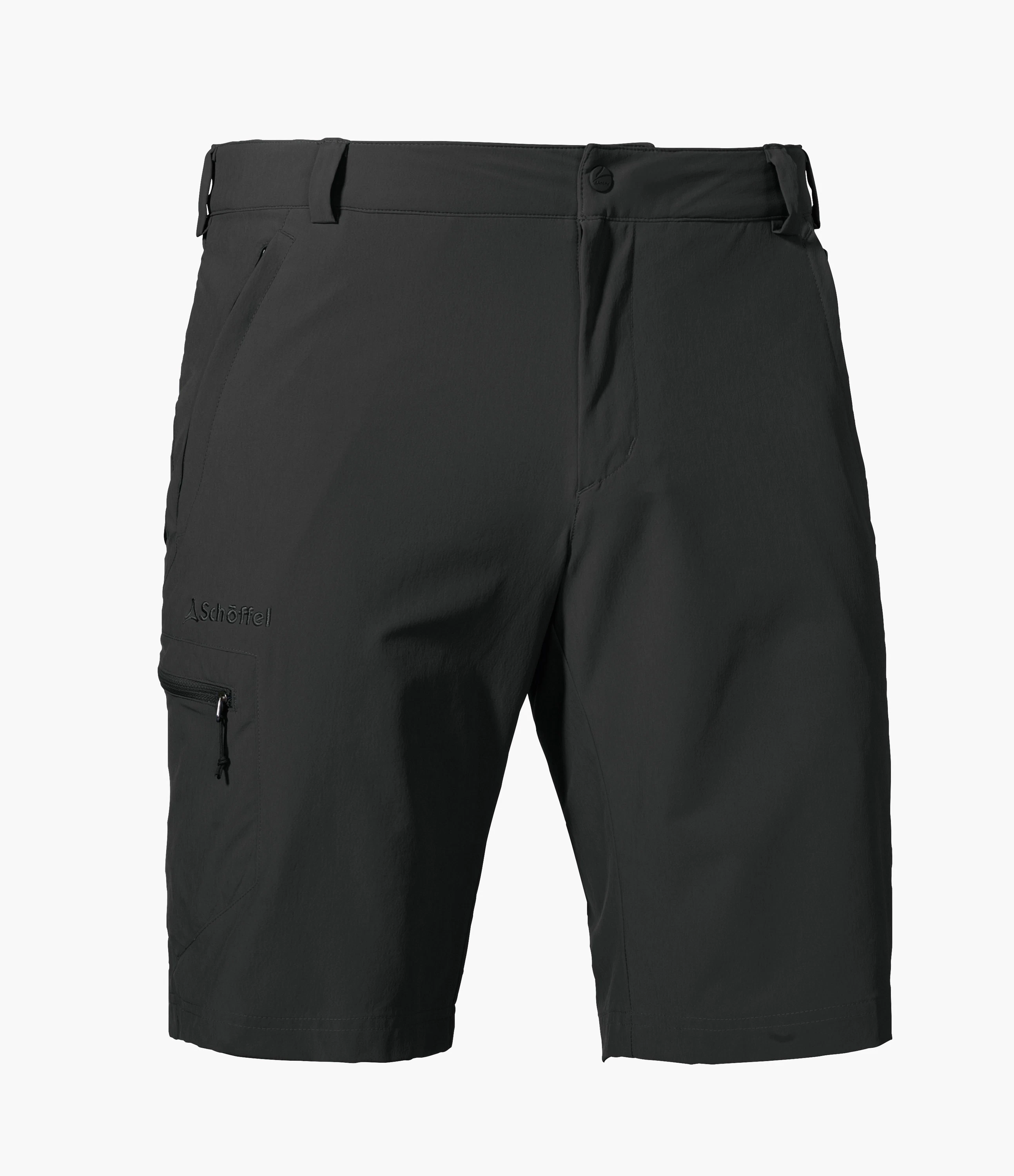 Shorts Folkstone in der Farbe Grau mit Gürtelschlaufen, einer seitlichen Reißverschlusstasche und dem Schöffel-Logo, freigestellt vor weißem Hintergrund.