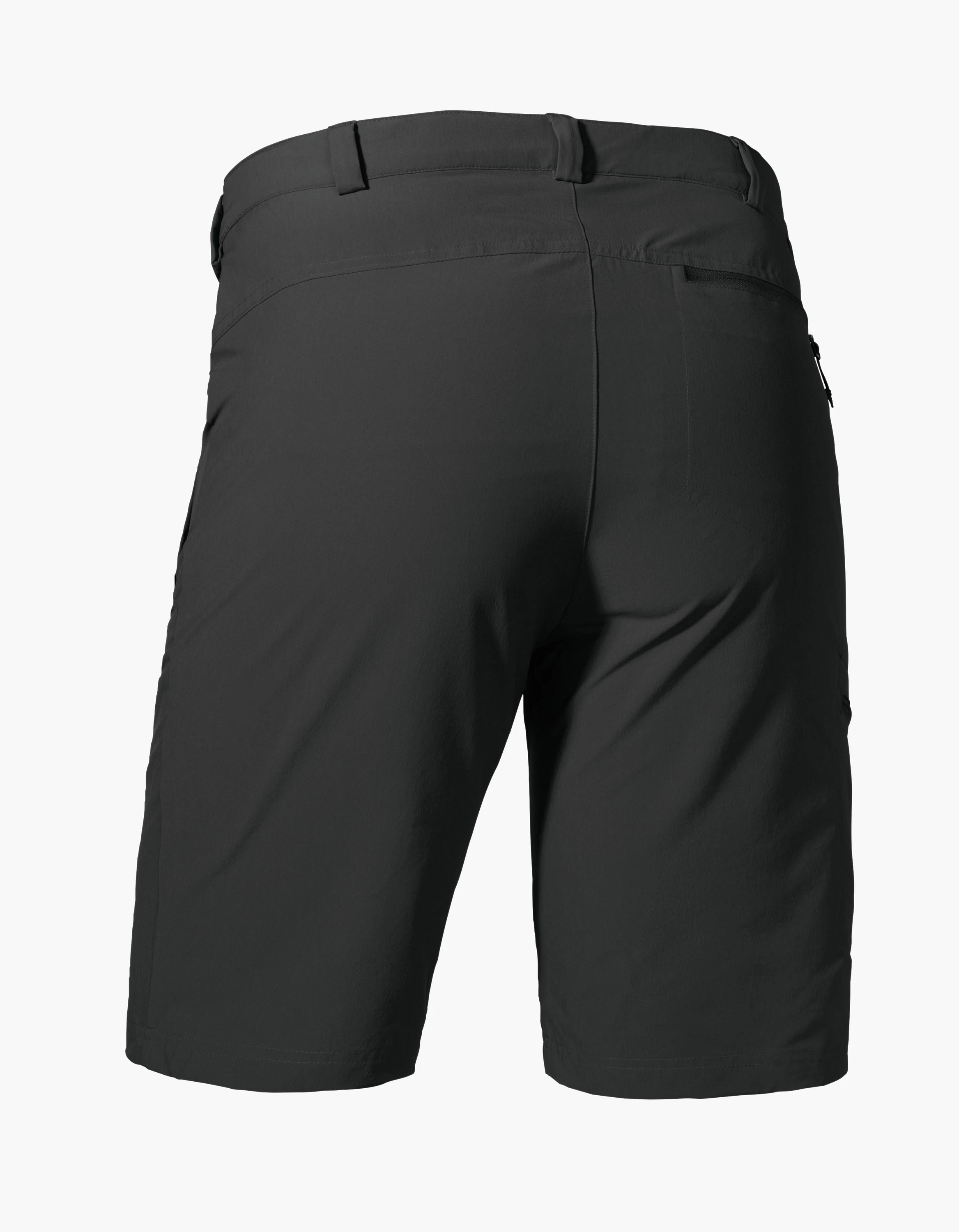 Shorts Folkstone in Grau, in der Rückansicht mit Gürtelschlaufen, einer Gesäßtasche mit Reißverschluss und einem kleinen Schöffel-Logo an der rechten Seite, freigestellt vor weißem Hintergrund.