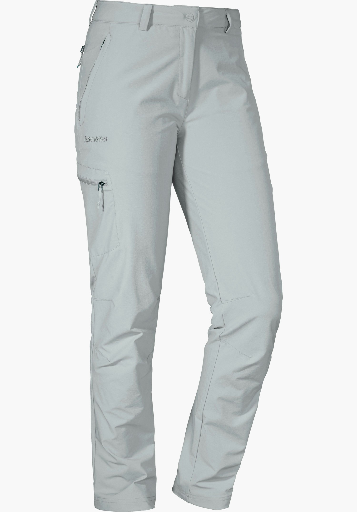 Pants Ascona light grey outdoor trousers, straight cut, with zip pockets at the hip and thigh, seam details; presented on a white background. Lettering: Schöffel. Schöffel logo visible on the waistband.