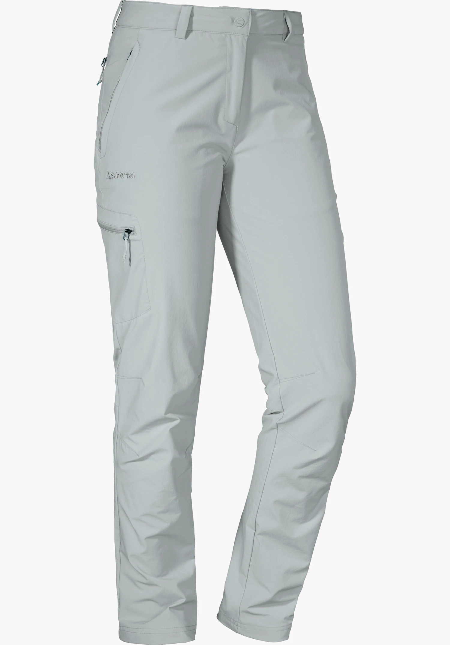Pants Ascona light grey outdoor trousers, straight cut, with zip pockets at the hip and thigh, seam details; presented on a white background. Lettering: Schöffel. Schöffel logo visible on the waistband.