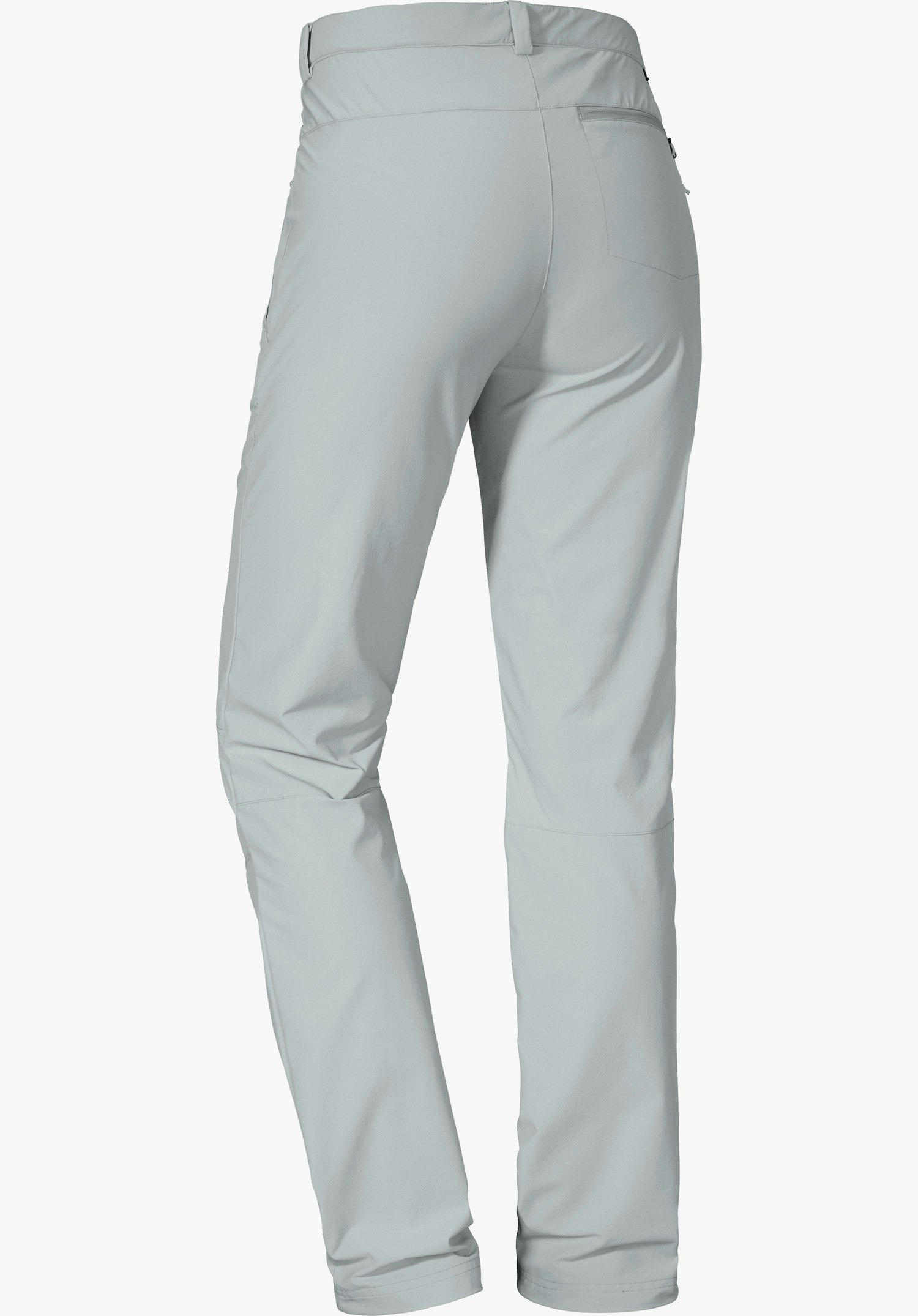 Pants Ascona light grey outdoor trousers, presented from the back; legs slightly bent, high-rise waistband with zip pocket and visible seams, white studio background.