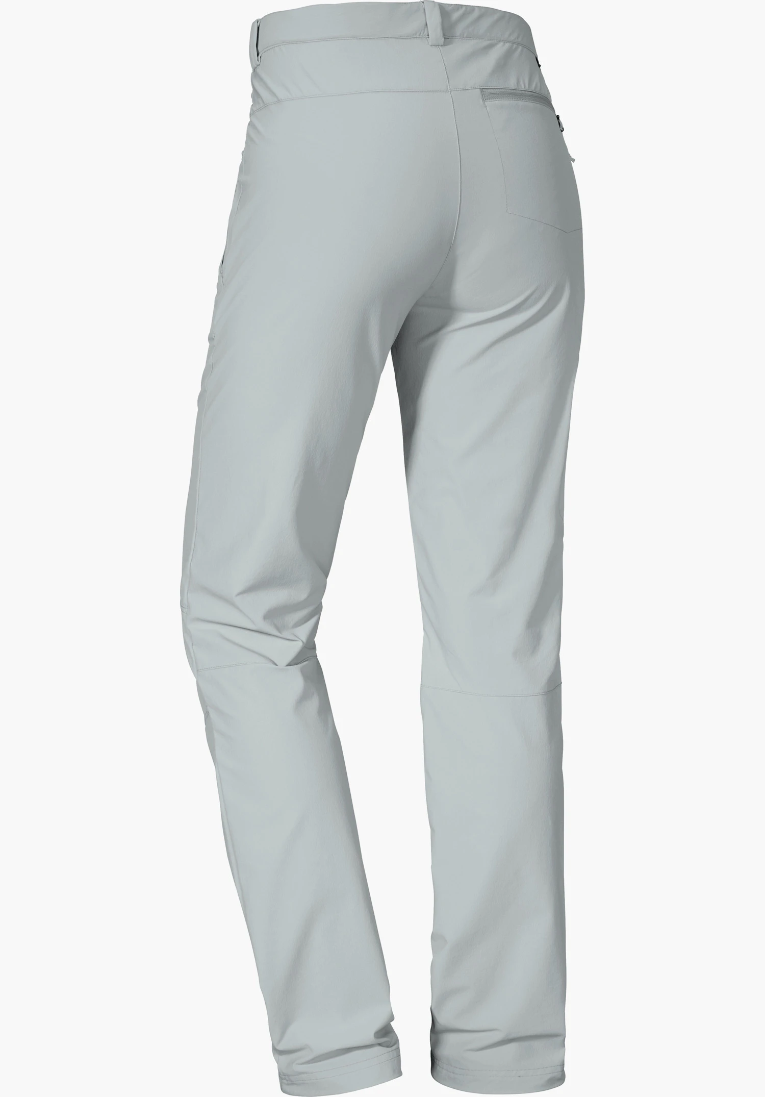 Pants Ascona Pantalon outdoor gris clair, vue de dos; jambes légèrement fléchies, taille mi-haute avec poche zippée et coutures visibles; fond studio blanc.