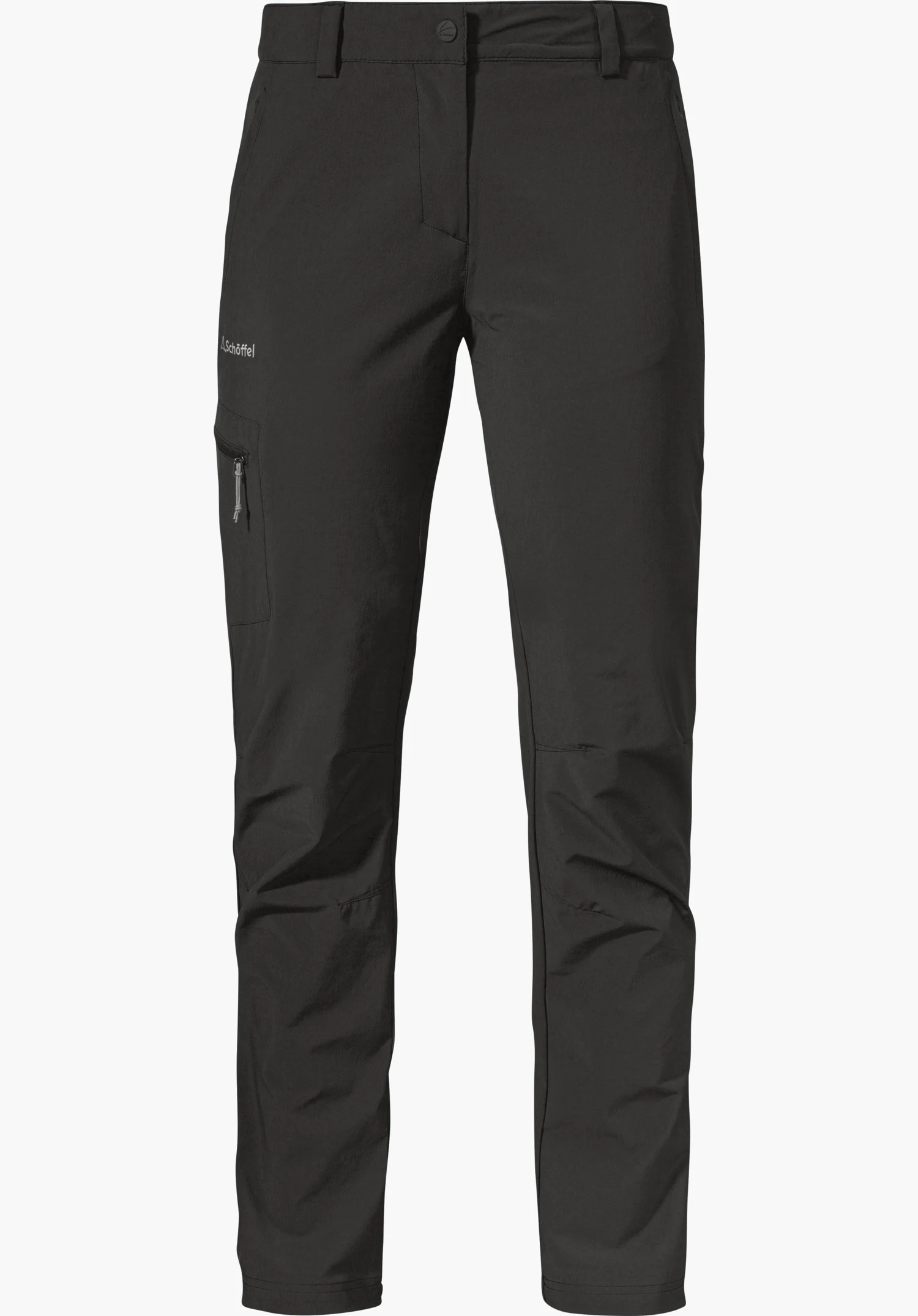 Pants Ascona as black functional trousers with a zip pocket on the leg and Schöffel logo, isolated against a white background.