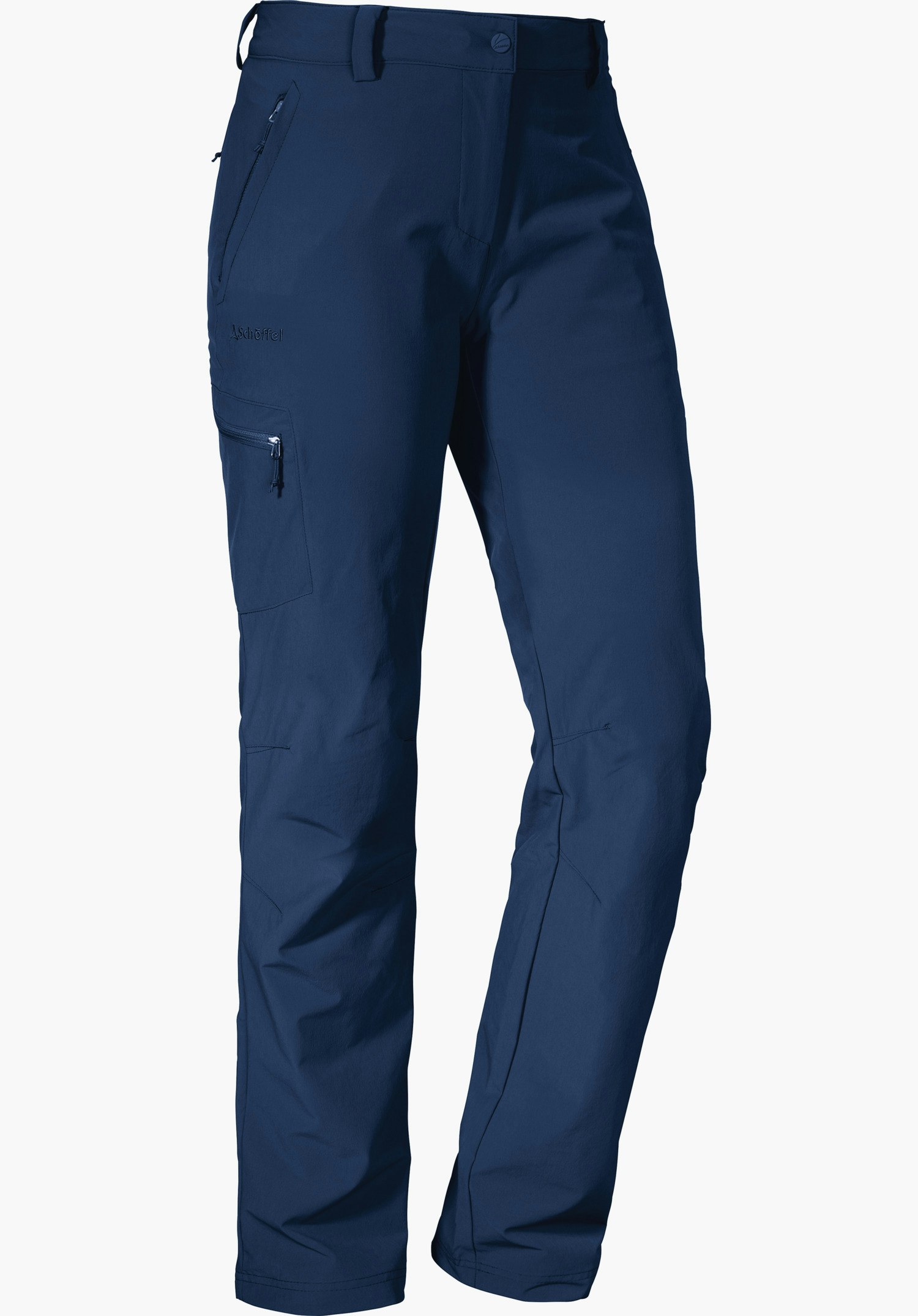 Pants Ascona dark blue outdoor trousers, front view slightly turned to the right, with zip pockets at the thigh and hip; white background. Lettering: “Schöffel”.