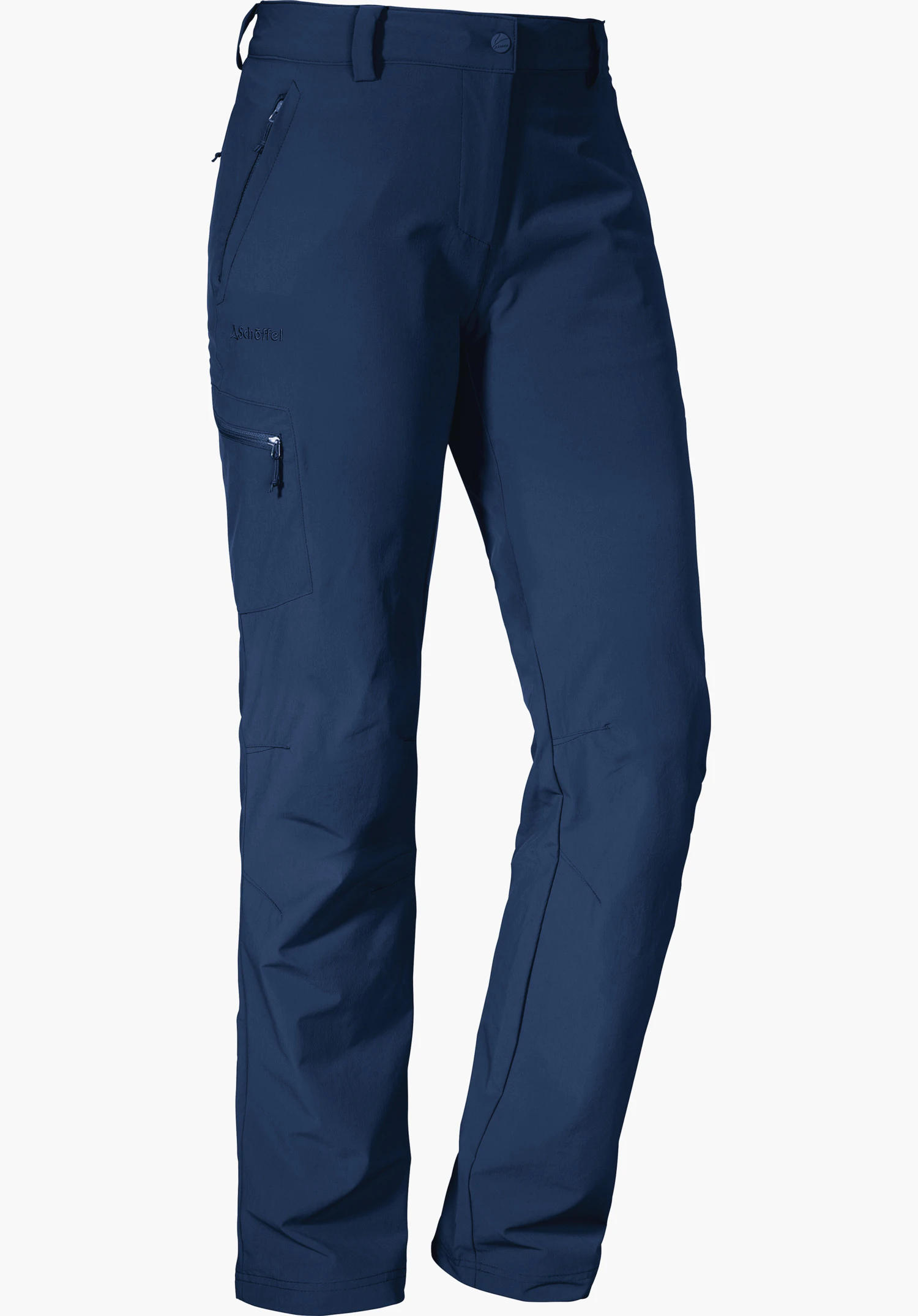 Pants Ascona dark blue outdoor trousers, front view slightly turned to the right, with zip pockets at the thigh and hip; white background. Lettering: “Schöffel”.