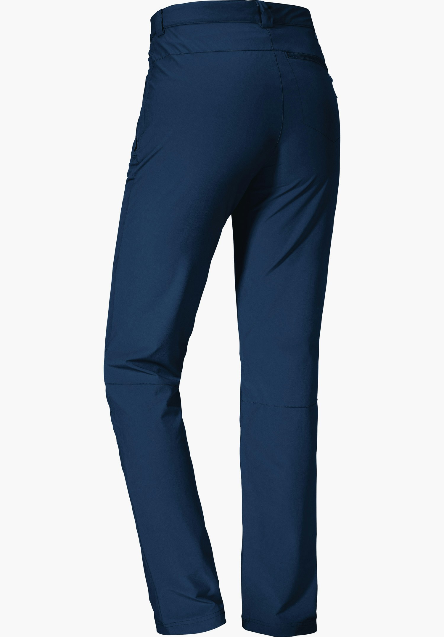 Pants Ascona Pantalon bleu foncé, vu de dos, présenté droit; jambes fines et droites, taille élastique et poche arrière discrète, tissu lisse sur fond blanc.