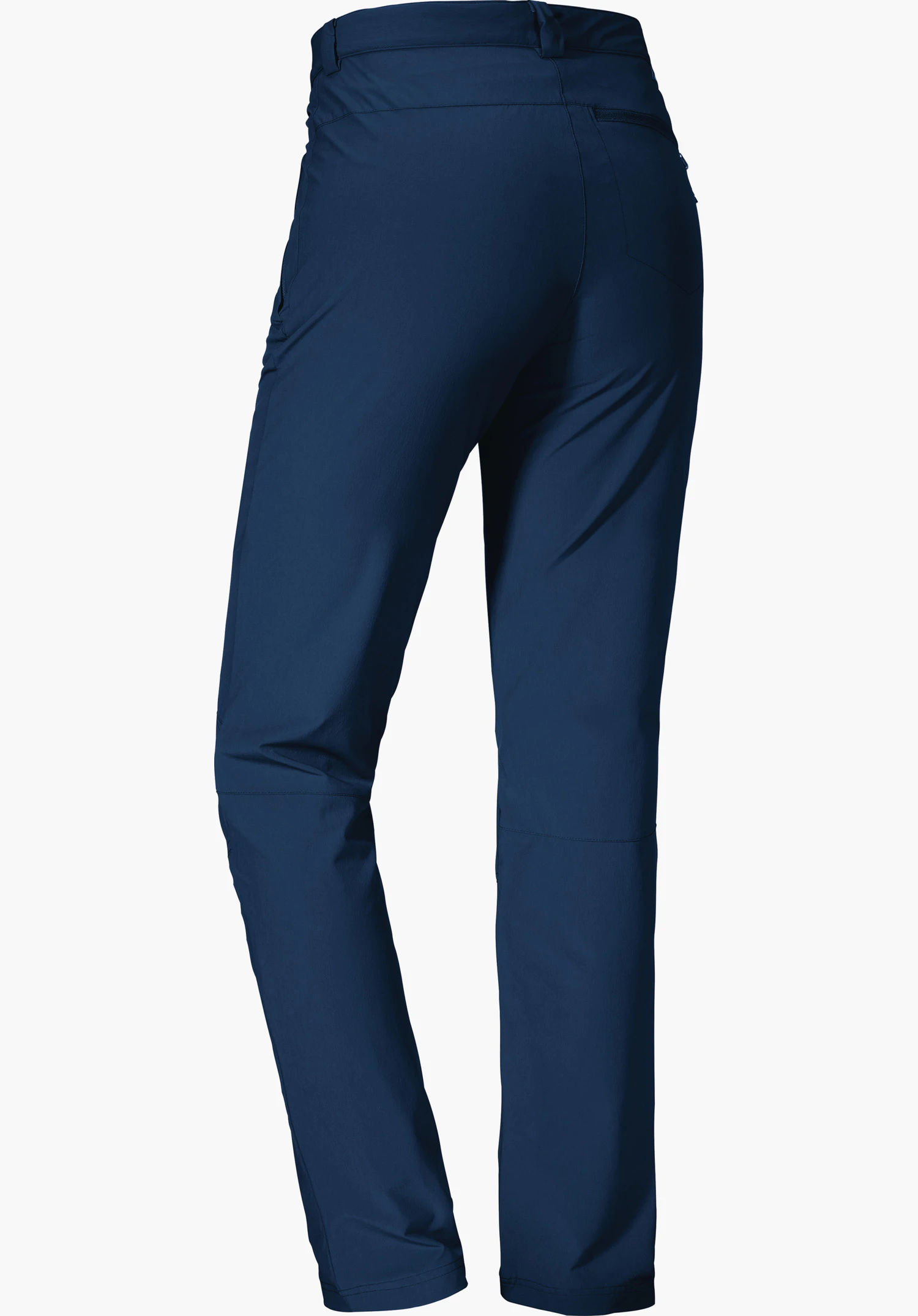 Pants Ascona Pantalon bleu foncé, vu de dos, présenté droit; jambes fines et droites, taille élastique et poche arrière discrète, tissu lisse sur fond blanc.