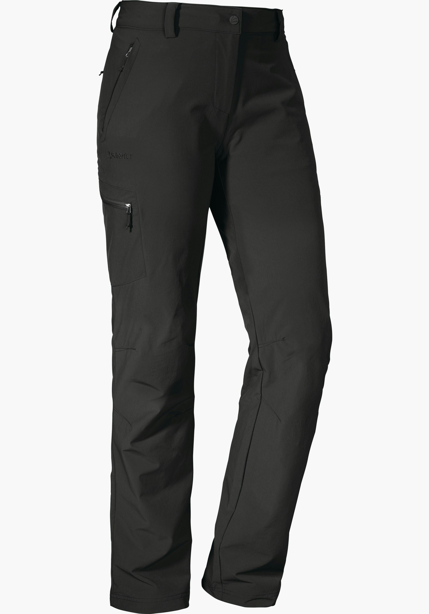 Pants Ascona pantalon de randonnée gris foncé, présenté de face légèrement tourné, avec poches zippées et poche cargo sur fond blanc. Inscription: « Schöffel ».
