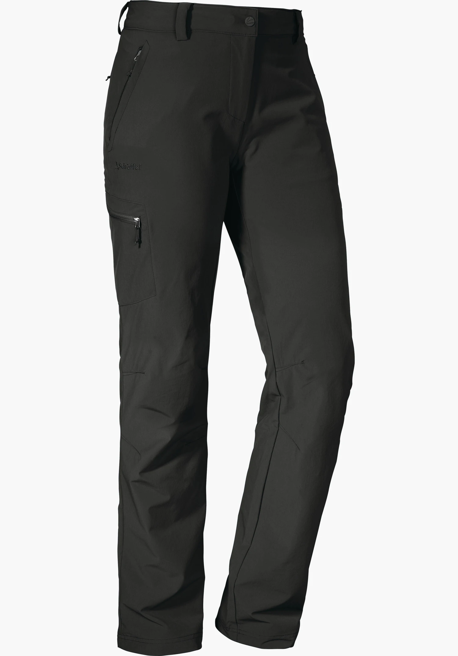 Pants Ascona dark grey hiking trousers, front view slightly turned, showing zip pockets and cargo pocket on a white background. Lettering: Schöffel.