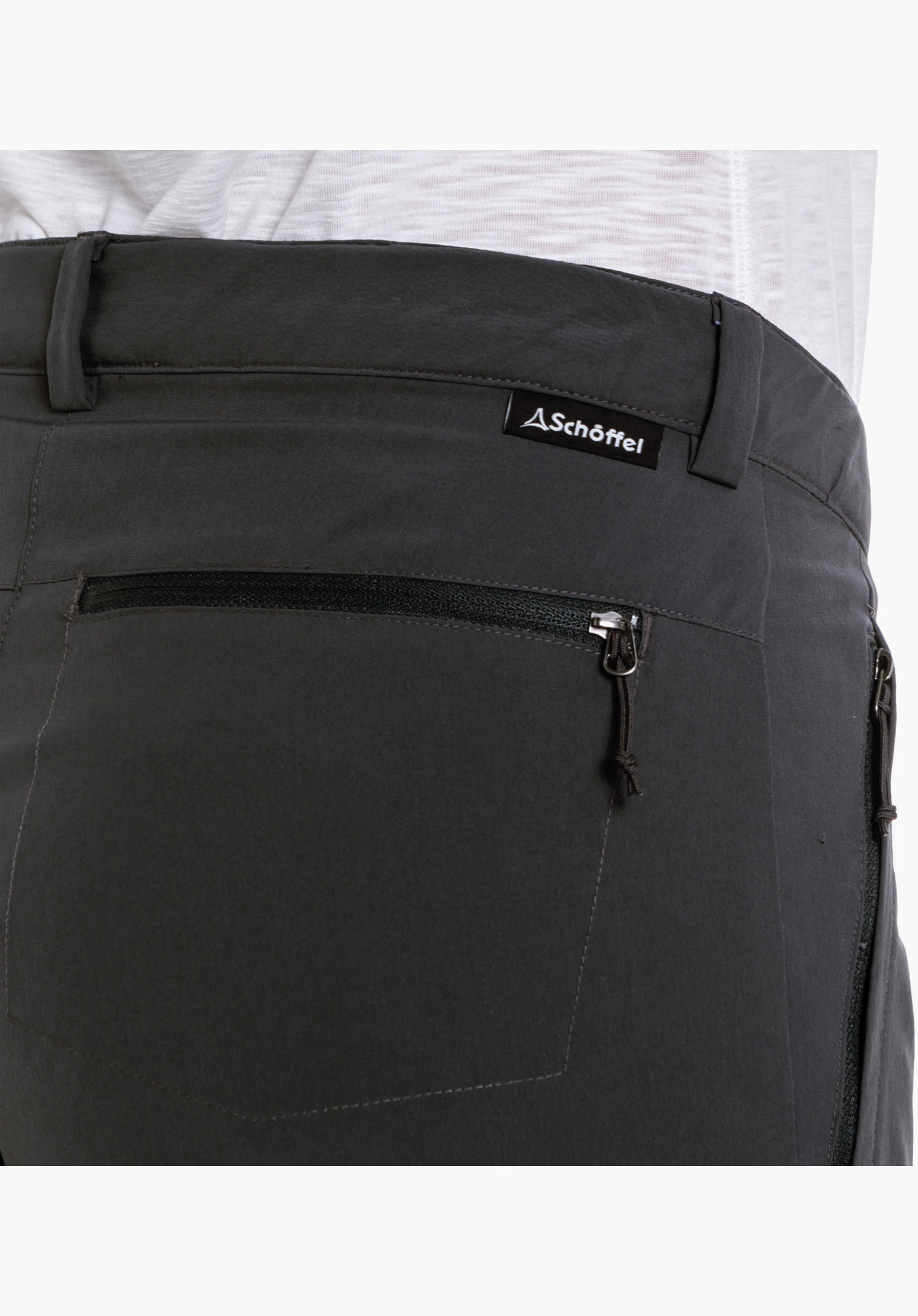 Pants Ascona, detail view of the zip pocket on the thigh with Schöffel logo and the texture of the grey material, close-up against a white/neutral background.