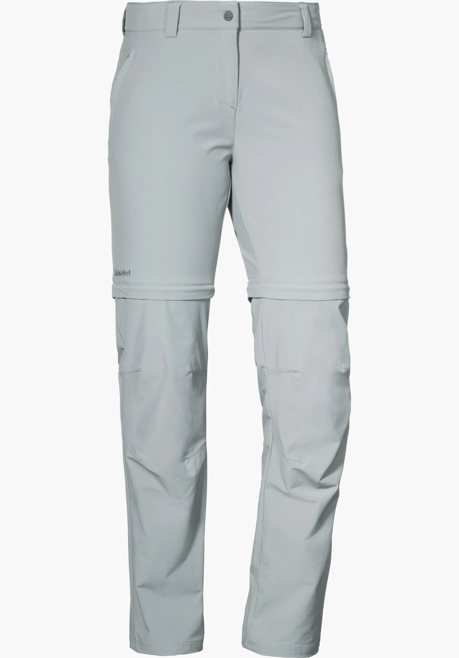 Pants Ascona Zip Off light grey zip-off hiking trousers, front view standing, with zips at the knees for detachable legs; slim waistband details, two hand pockets. White background. Lettering: “Schöffel”.