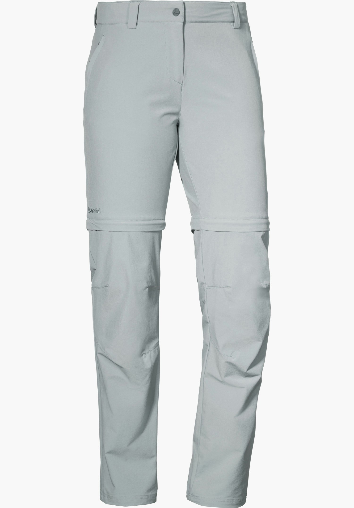 Pants Ascona Zip Off Hellgraue Zip-off-Wanderhose, frontal stehend, mit Reißverschlüssen an den Knien zum Abtrennen der Hosenbeine; schmale Bunddetails, zwei Eingrifftaschen. Hintergrund weiß. Schriftzug: "Schöffel".