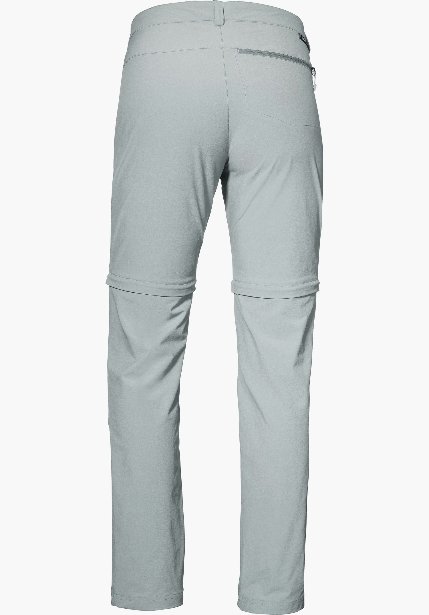 Pants Ascona Zip Off hellgraue Zip-off-Hose, Rückansicht mit langen Hosenbeinen, rechte Reißverschlusstasche im Bund und Schöffel-Logo am Taillenbund, vor weißem Hintergrund.