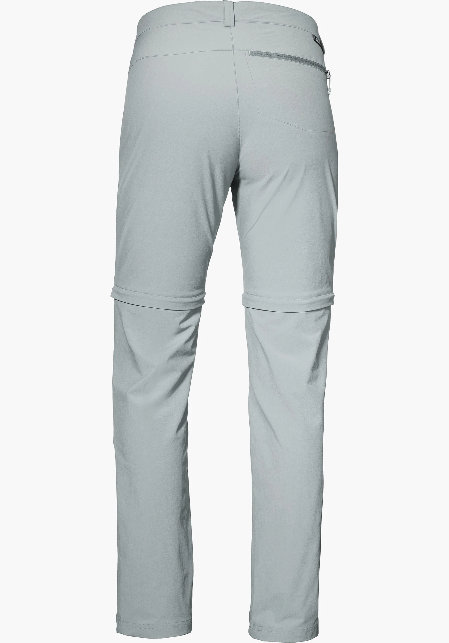 Pants Ascona Zip Off hellgraue Zip-off-Hose, Rückansicht mit langen Hosenbeinen, rechte Reißverschlusstasche im Bund und Schöffel-Logo am Taillenbund, vor weißem Hintergrund.