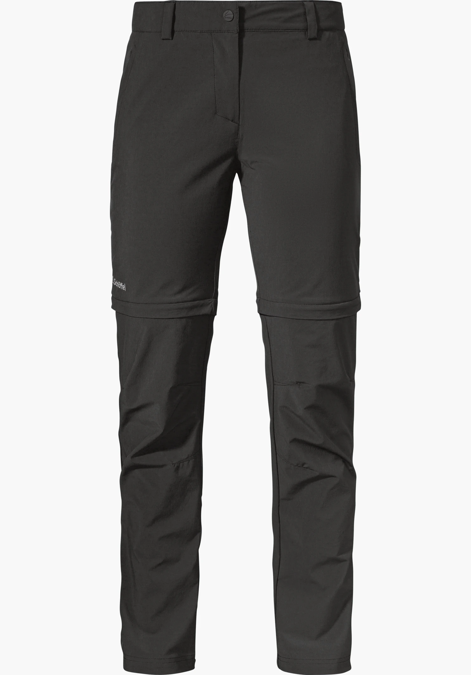 Pants Ascona Zip Off displays black zip-off trousers with zippers above the knees and a Schöffel logo on the right thigh, isolated on a white background.
