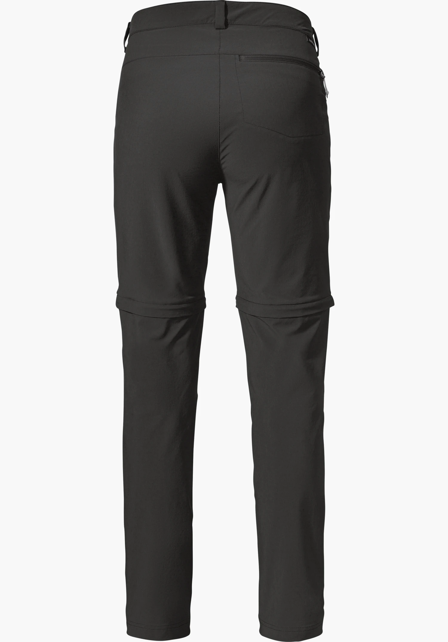 Pants Ascona Zip Off in black is shown from the back, featuring practical zip-off zips at knee height and a zipped back pocket on the right side, isolated against a white background.
