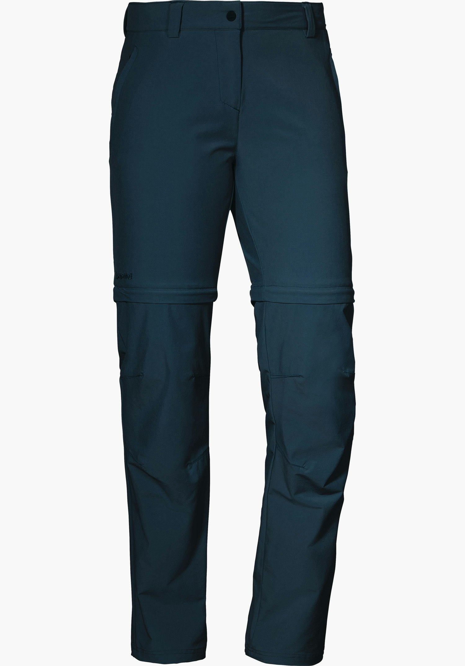 Pants Ascona Zip Off dark blue hiking trousers, convertible into shorts via zips at the knees; side pockets, slim fit; “Schöffel” lettering on the left thigh; white background.