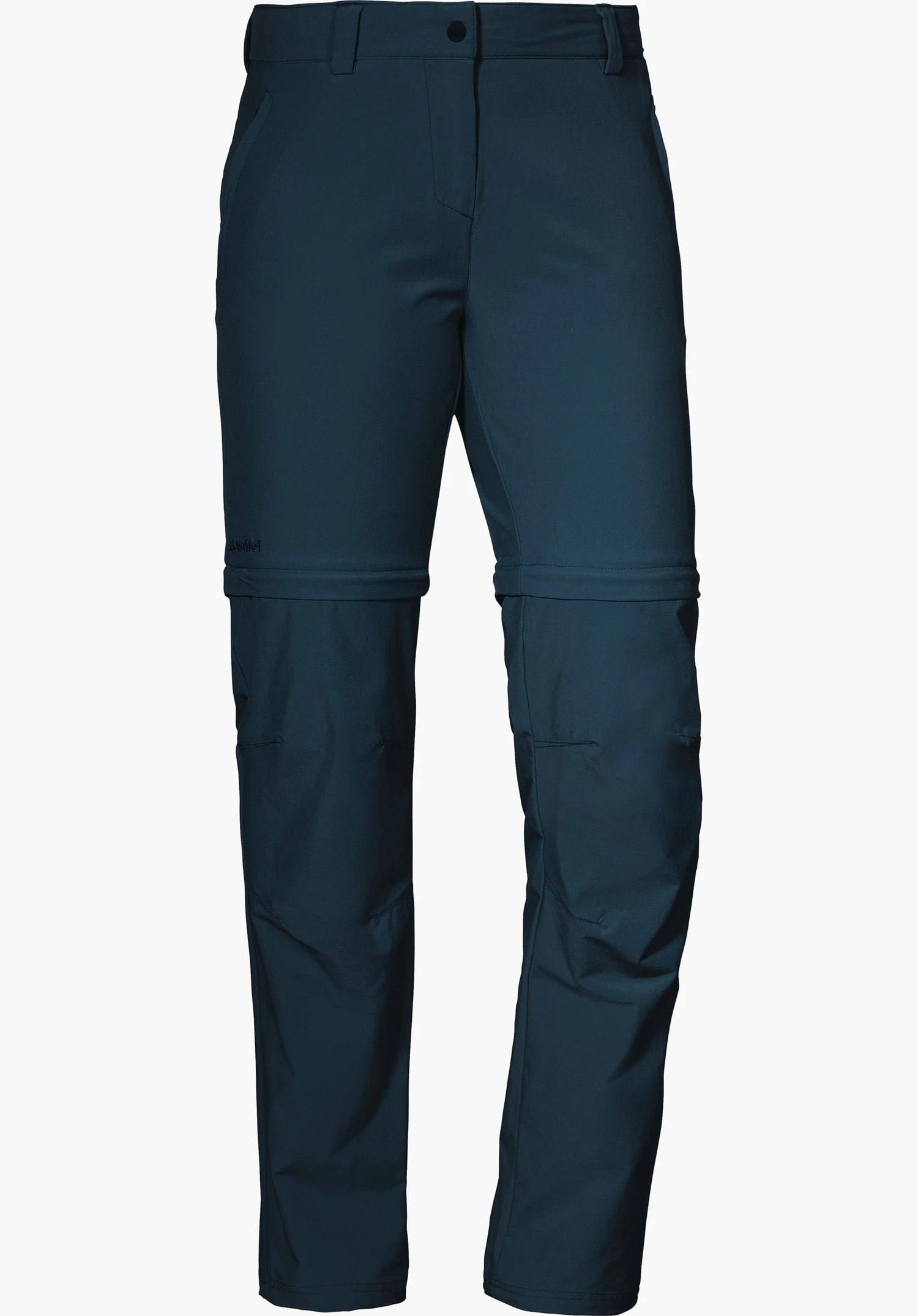 Pants Ascona Zip Off dark blue hiking trousers, convertible into shorts via zips at the knees; side pockets, slim fit; “Schöffel” lettering on the left thigh; white background.