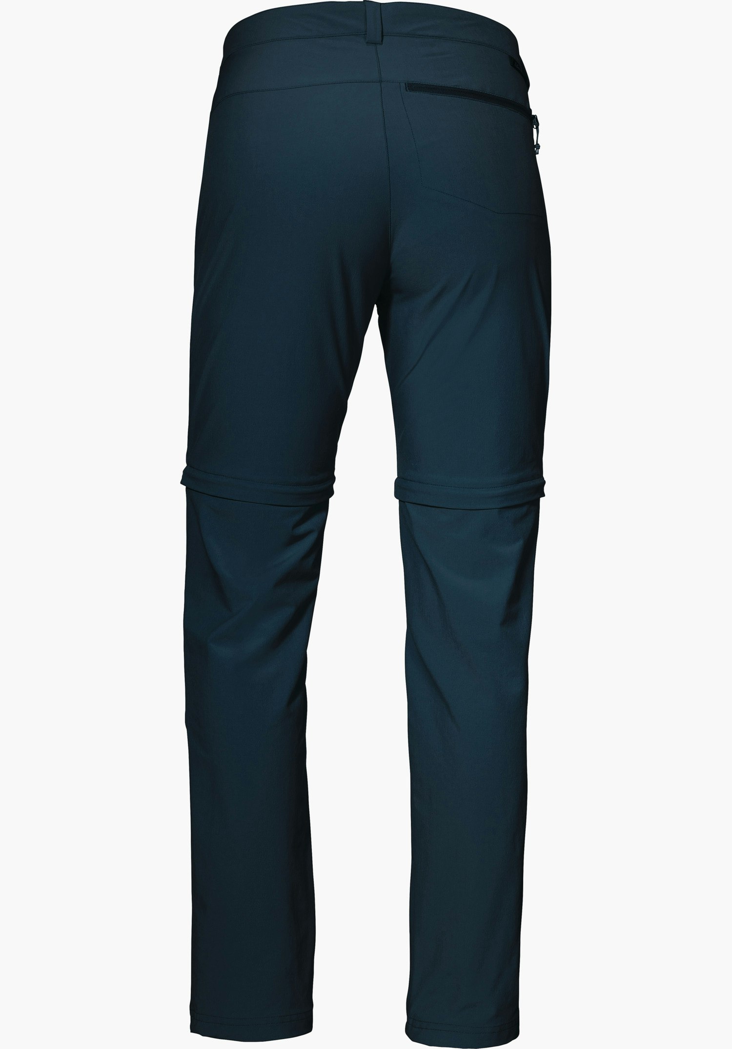 Pants Ascona Zip Off dark blue zip-off trousers, rear view; legs removable via zip, right back pocket with zip, shaped fit, neutral white studio background.