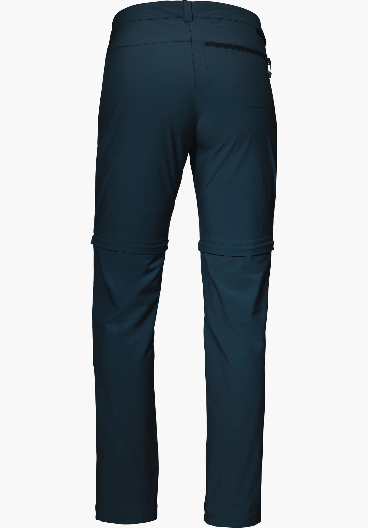 Pants Ascona Zip Off dunkelblaue Zip-off-Hose, Rückansicht; Beine per Reißverschluss abnehmbar, rechte Gesäßtasche mit Reißverschluss, taillierte Passform, neutraler weißer Studiohintergrund.