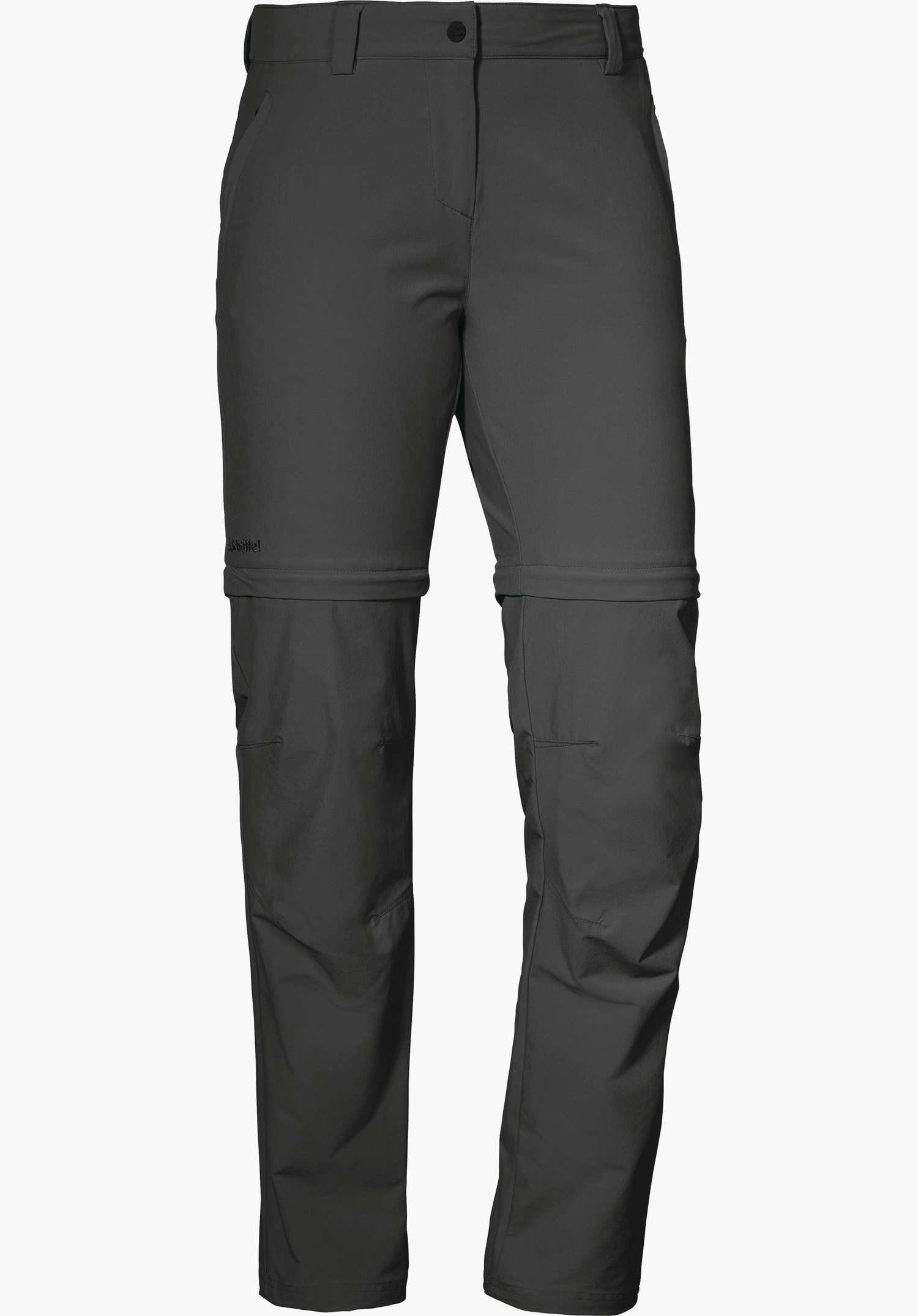 Pants Ascona Zip Off dark grey zip-off hiking trousers, legs connected by zips, straight cut; with belt loops and side pockets, isolated on a white background. Lettering: “Schöffel”.