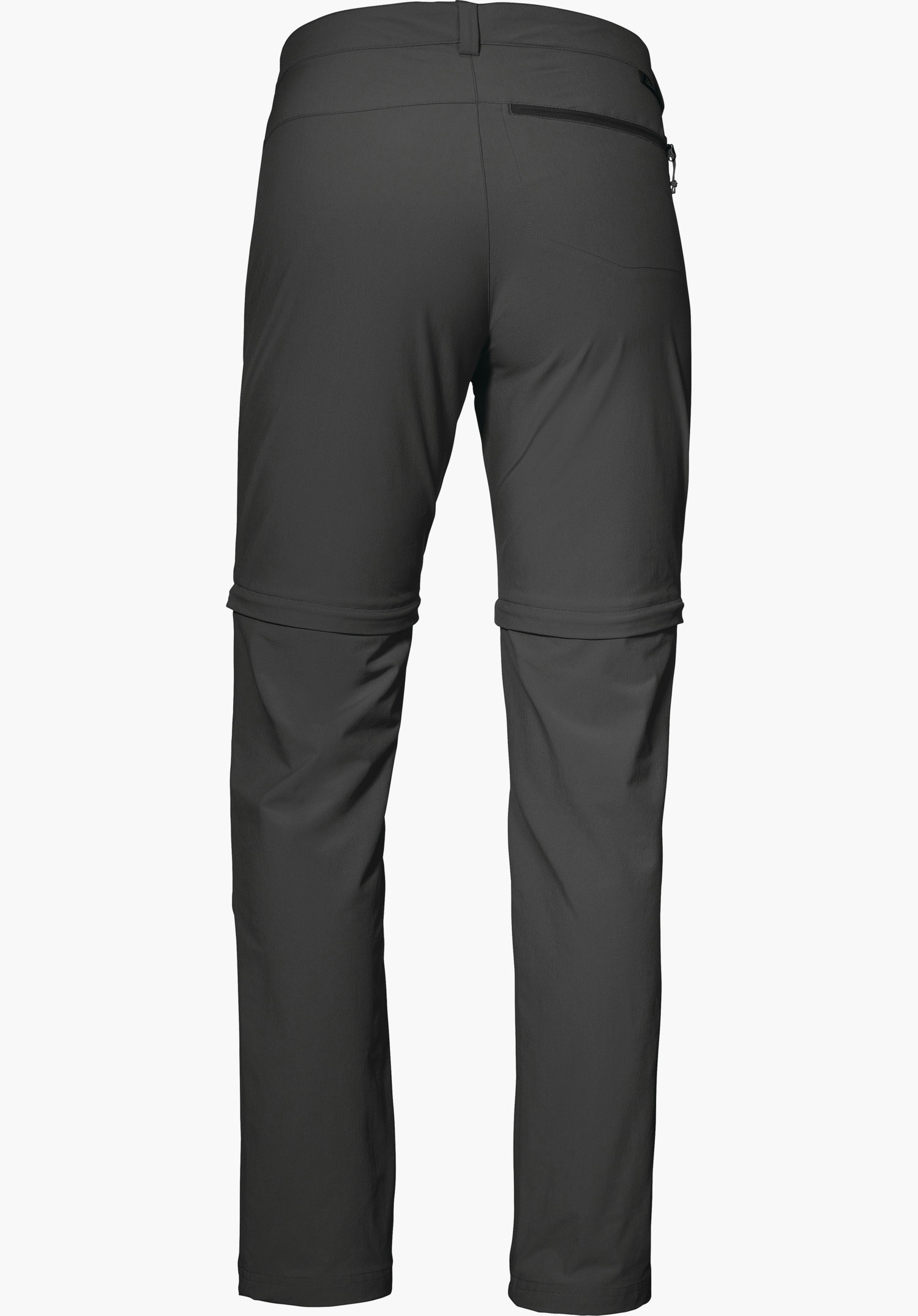Pants Ascona Zip Off dunkelgraue Zip-off-Hose, Rückansicht; Knieabschnitte abgezippt, rechte Reißverschlusstasche, schmaler Bund mit Gürtelschlaufen; einfarbig weißer Hintergrund.