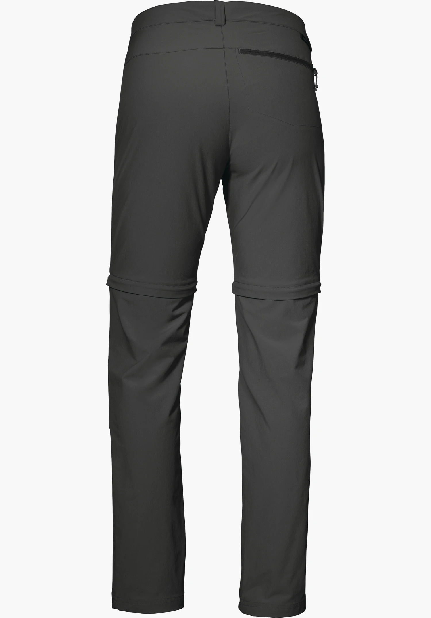 Pants Ascona Zip Off dunkelgraue Zip-off-Hose, Rückansicht; Knieabschnitte abgezippt, rechte Reißverschlusstasche, schmaler Bund mit Gürtelschlaufen; einfarbig weißer Hintergrund.