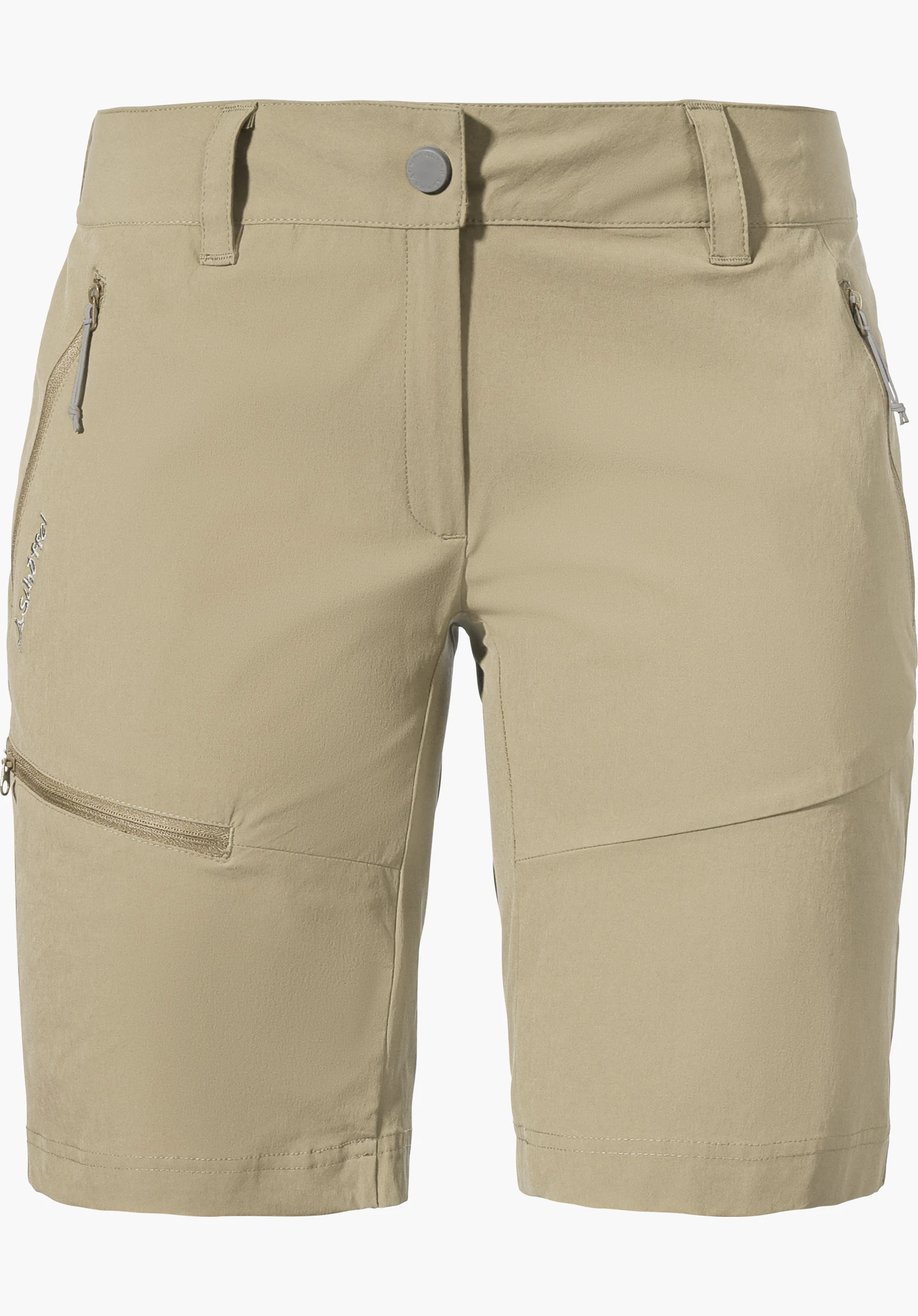 Shorts Toblach2 en beige présentent des poches zippées, une poche de cuisse ainsi que le logo Schöffel sur la jambe, détouré sur fond blanc.