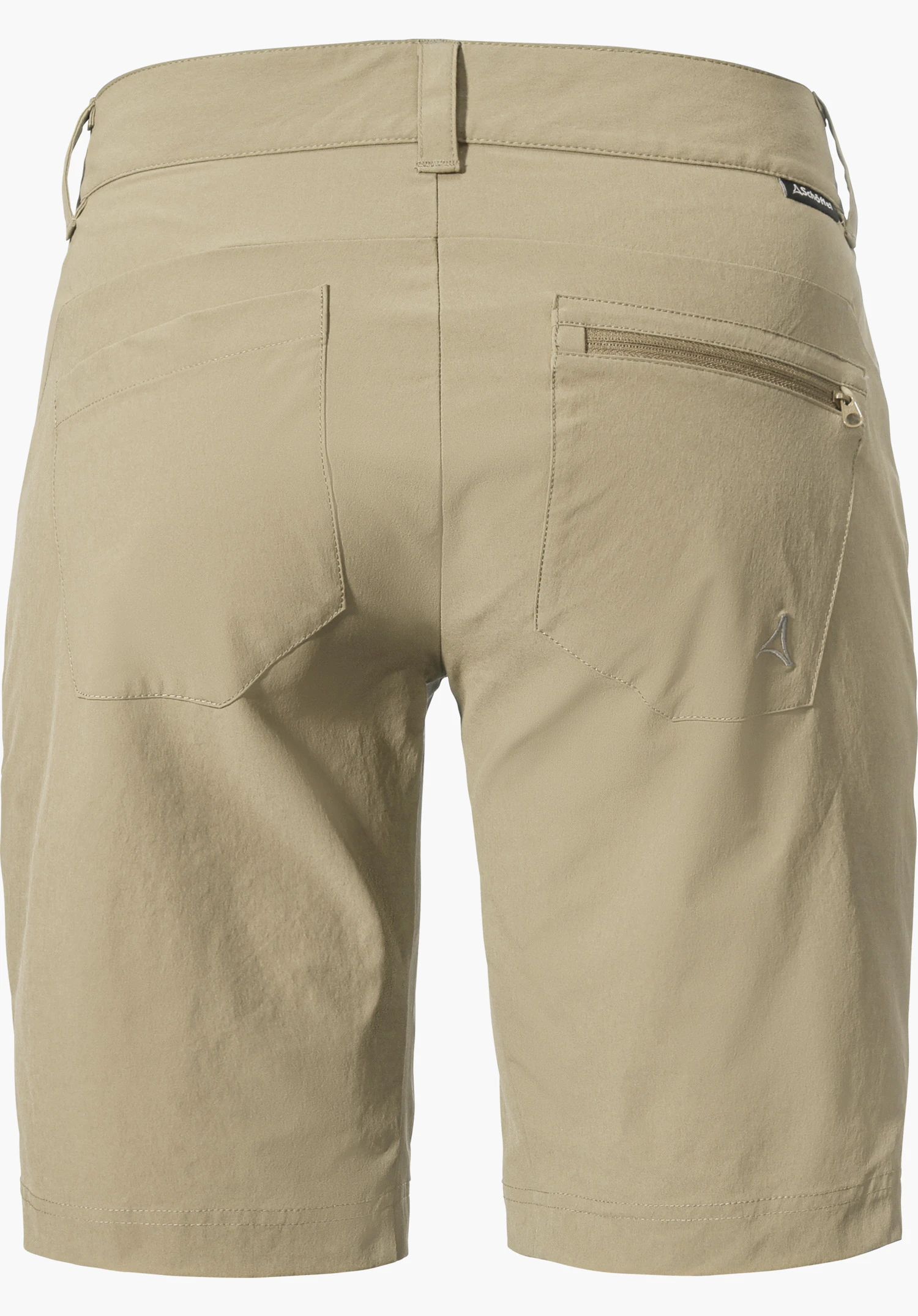 Shorts Toblach2 en beige vue de dos, avec deux poches arrière, dont une avec fermeture éclair, et un logo Schöffel visible sur le côté droit, détouré sur fond blanc.