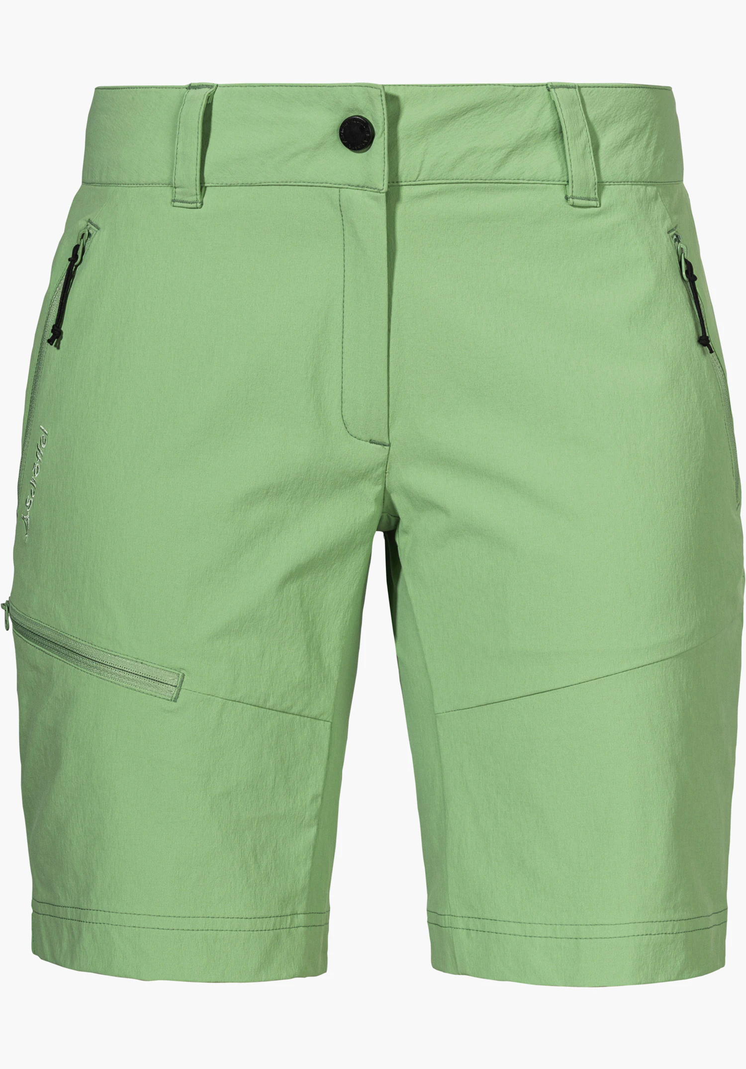 Shorts Toblach2 in groen toont praktische ritszakken en een Schöffel-logo op het bovenbeen, vrijstaand tegen een witte achtergrond.
