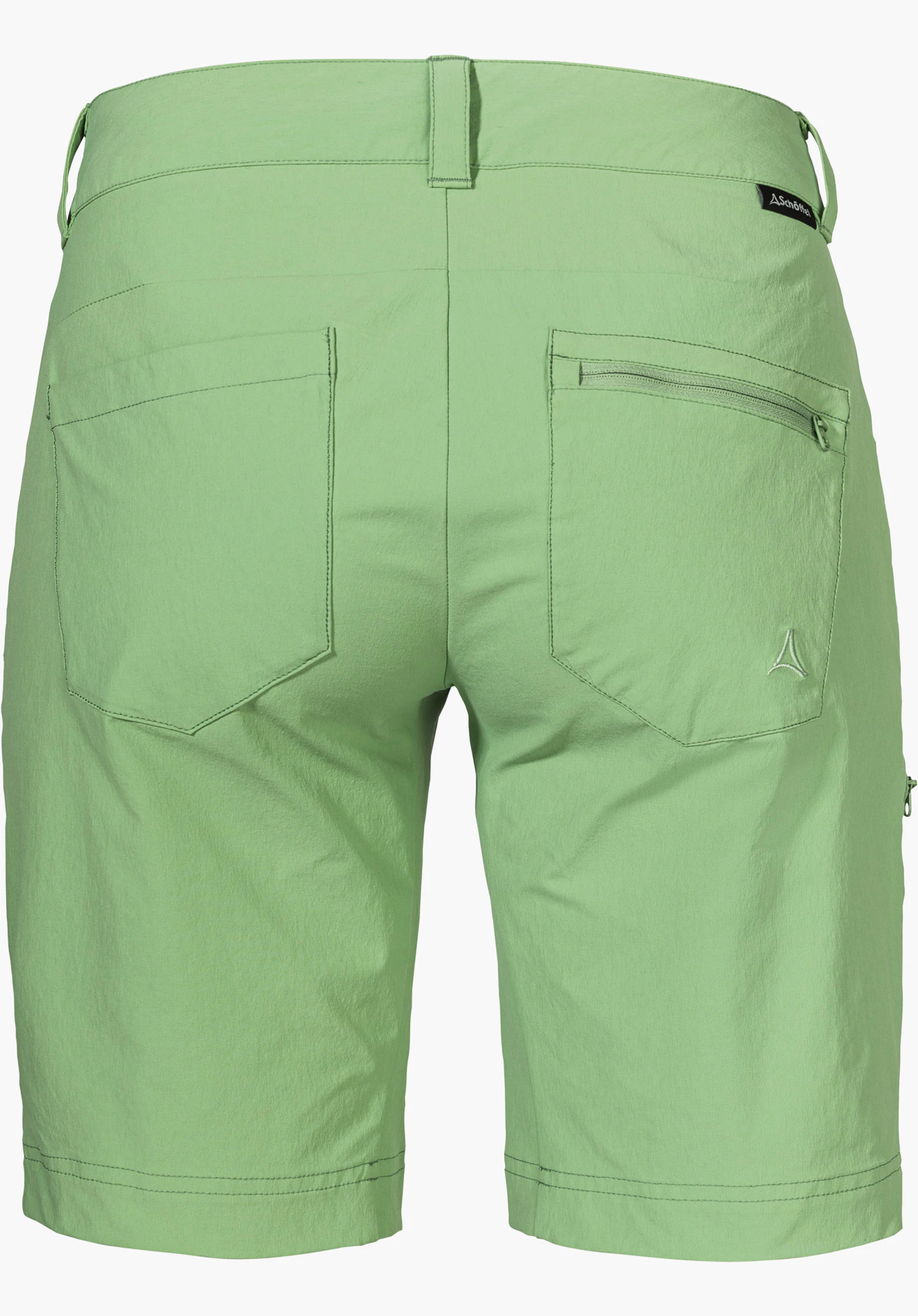 Shorts Toblach2 in het groen, achteraanzicht met twee achterzakken, een rits op de rechterzak en het Schöffel-logo, vrijstaand op een witte achtergrond.