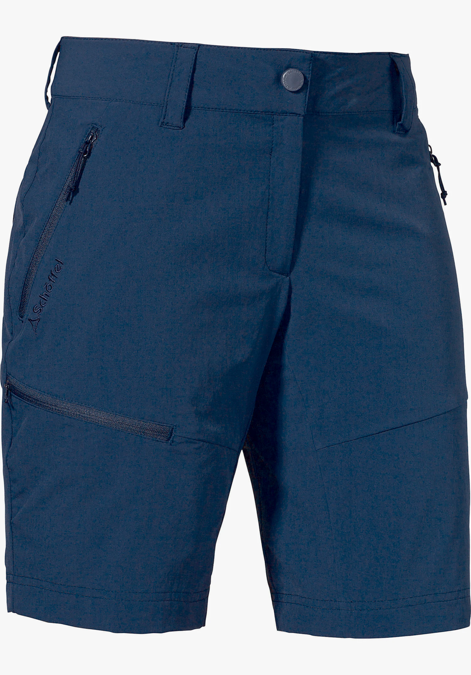 Shorts Toblach2 in blue show their front with waistband, zip pockets and the Schöffel logo isolated on a white background.