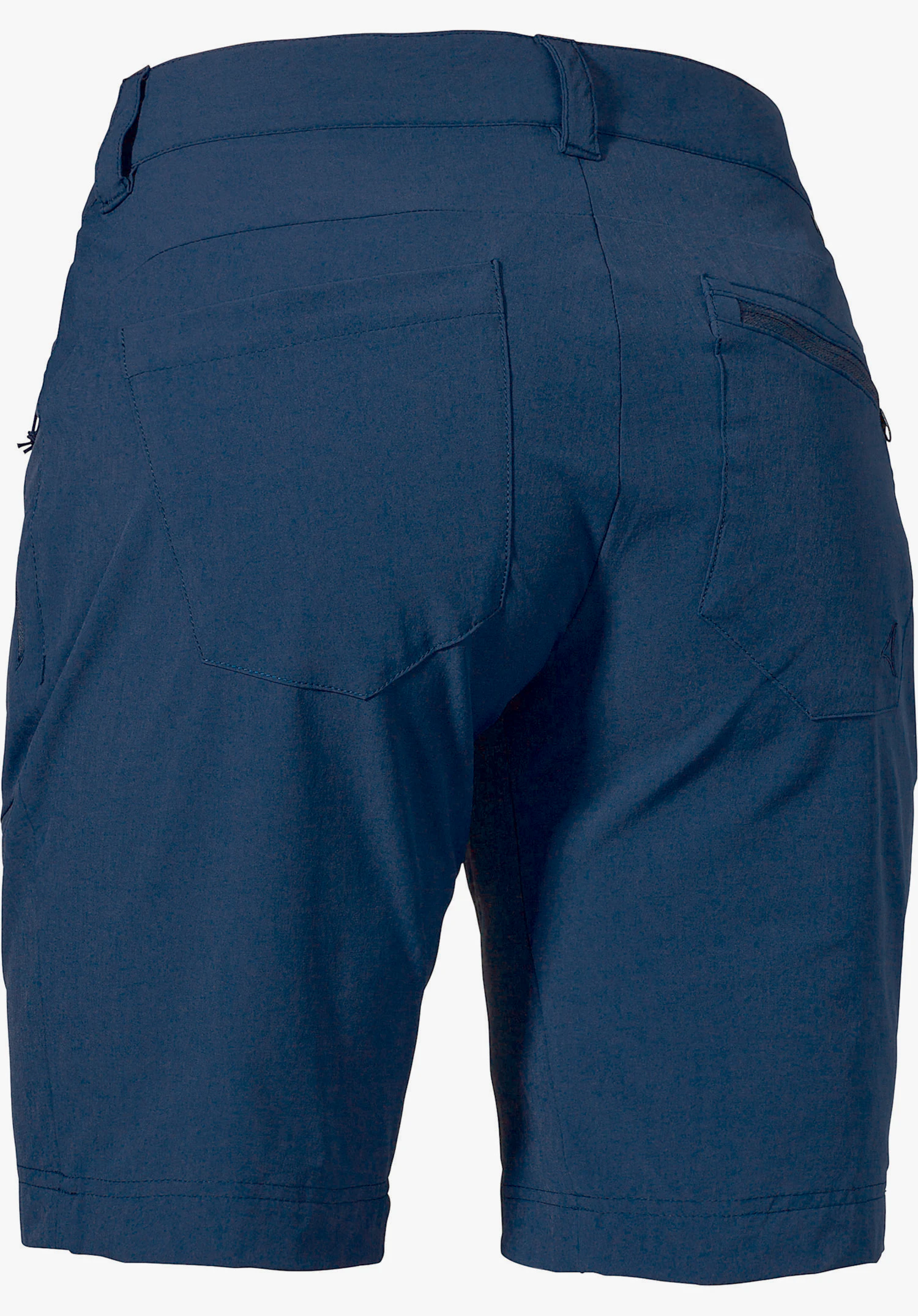 Shorts Toblach2 in Blau, Rückansicht mit zwei Gesäßtaschen, einer Reißverschlusstasche rechts und sichtbarem Schöffel-Logo, freigestellt vor weißem Hintergrund.